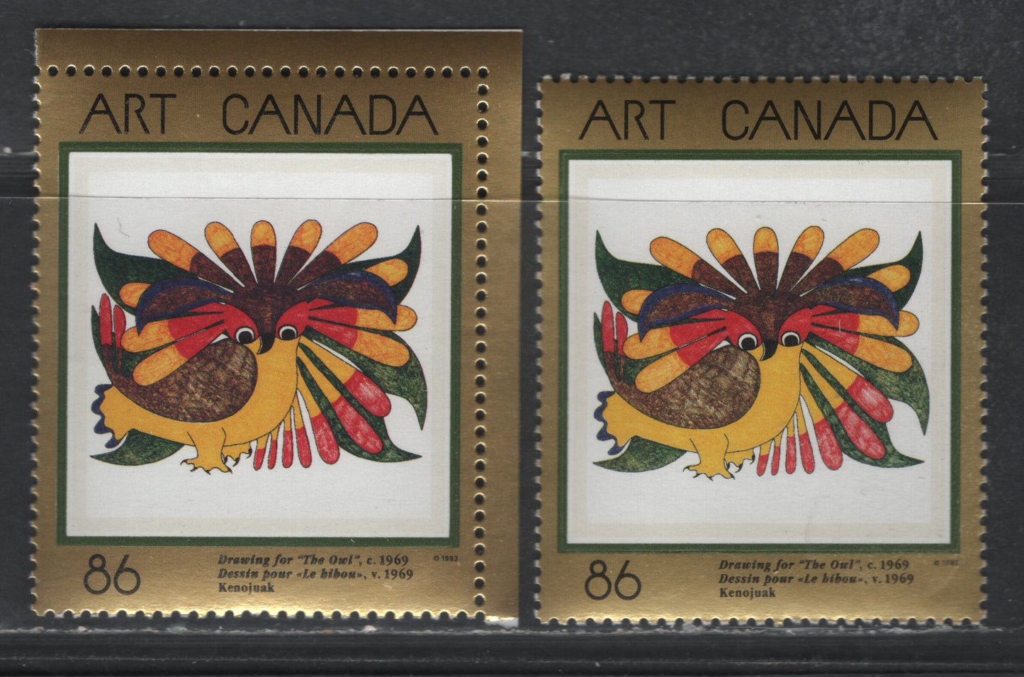 Canada #1466 86c Multicoloured Drawing For The Owl, 1993 Art Canada Issue, 2 VFNH Singles On DF1/DF2 Harrison Paper With Smooth PVA Gum, Showing Yellow & Deep Yellow Feathers