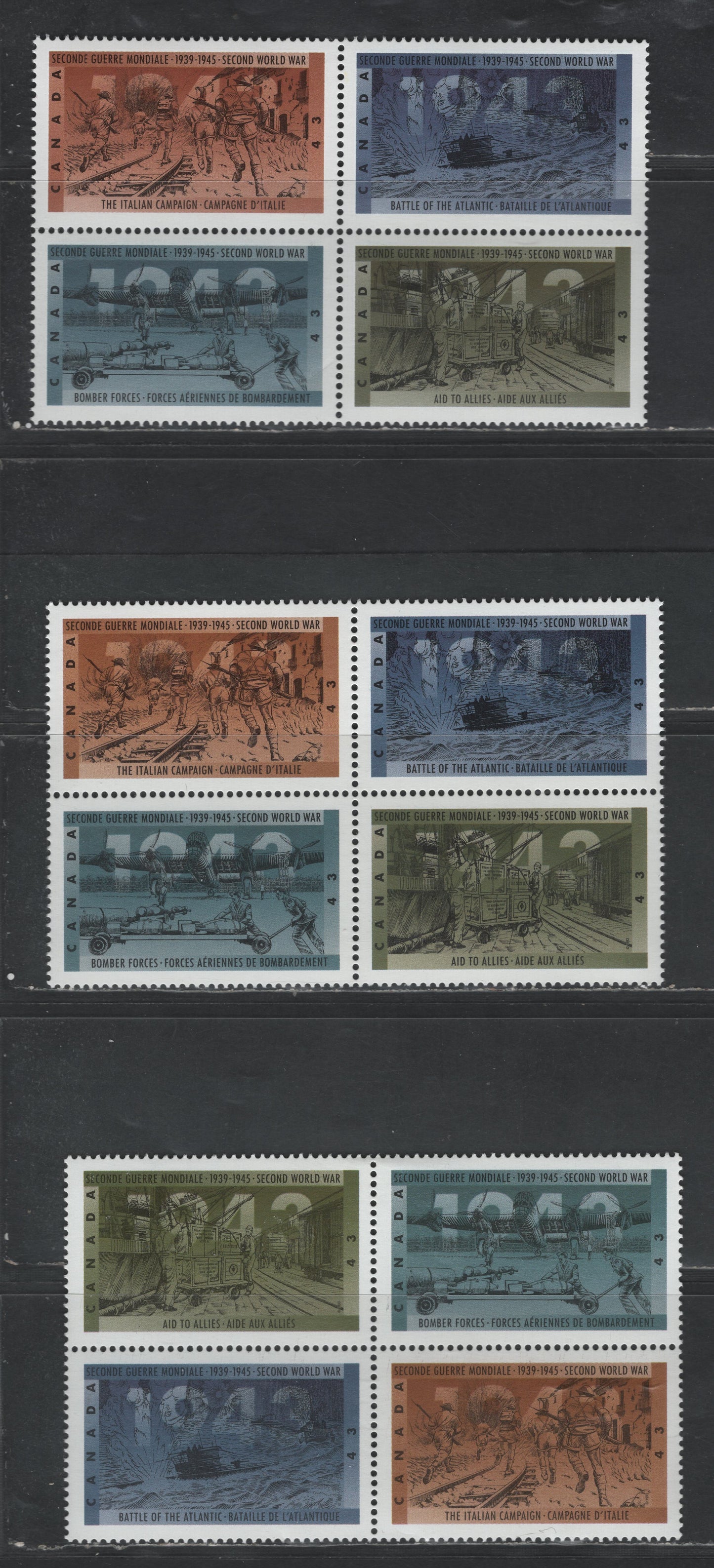 Lot 149 Canada #1506a 43c Multicoloured Aid To Allies - Italian Campaign, 1993 50th Anniversary Of World War 2 Issue, 3 VFNH Se-Tenant Blocks Of 4 All On NF/DF1 Coated Papers Paper, Each Completely Different Tones On 1 Or More Stamps