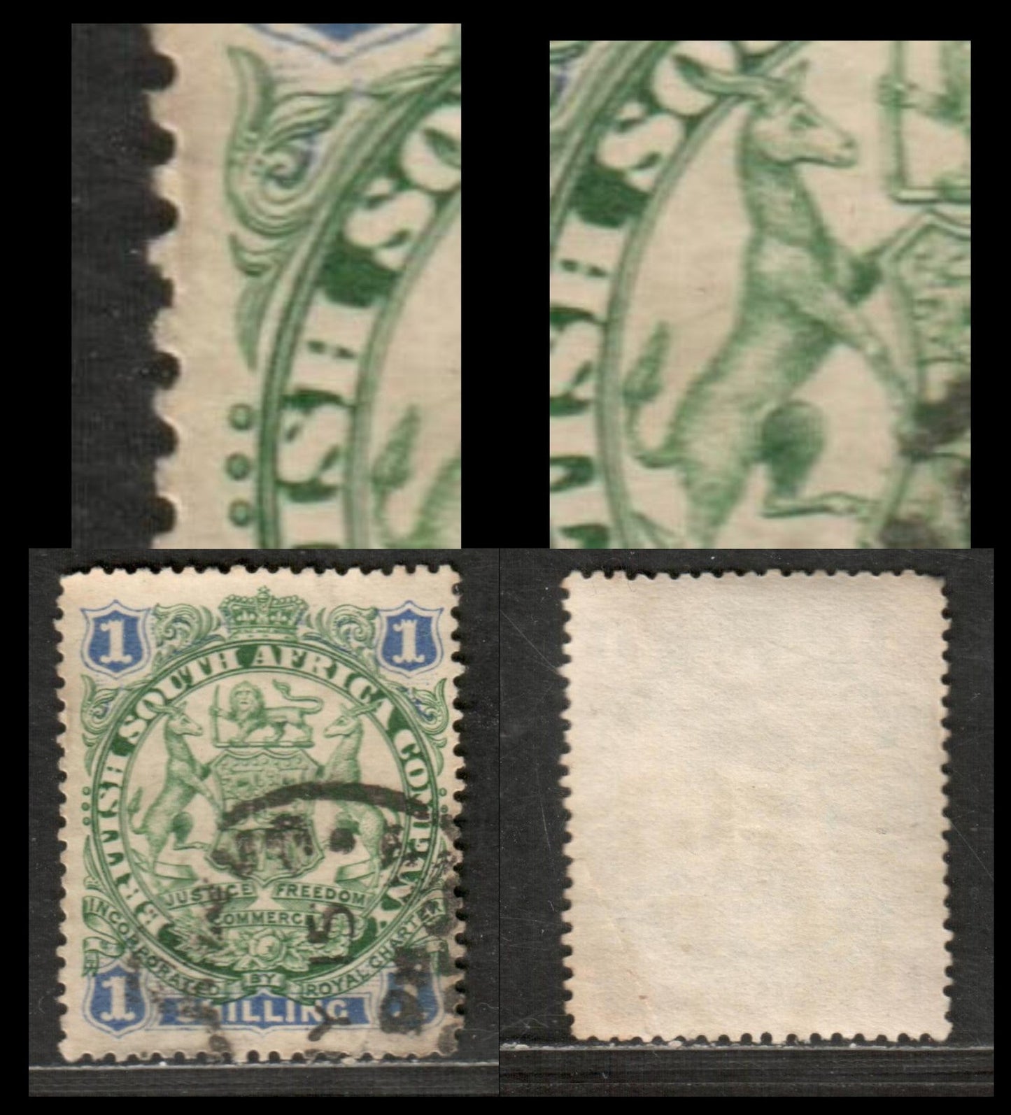 Rhodesia SG#35var 1/- 1896-1897 Round Arms Die 1 Issue, With Vertical Scratch Joining Left Springbok's Tail To Body, Vert. Guidline, A Very Fine Used Single, Click on Listing to See ALL Pictures, Estimated Value $10