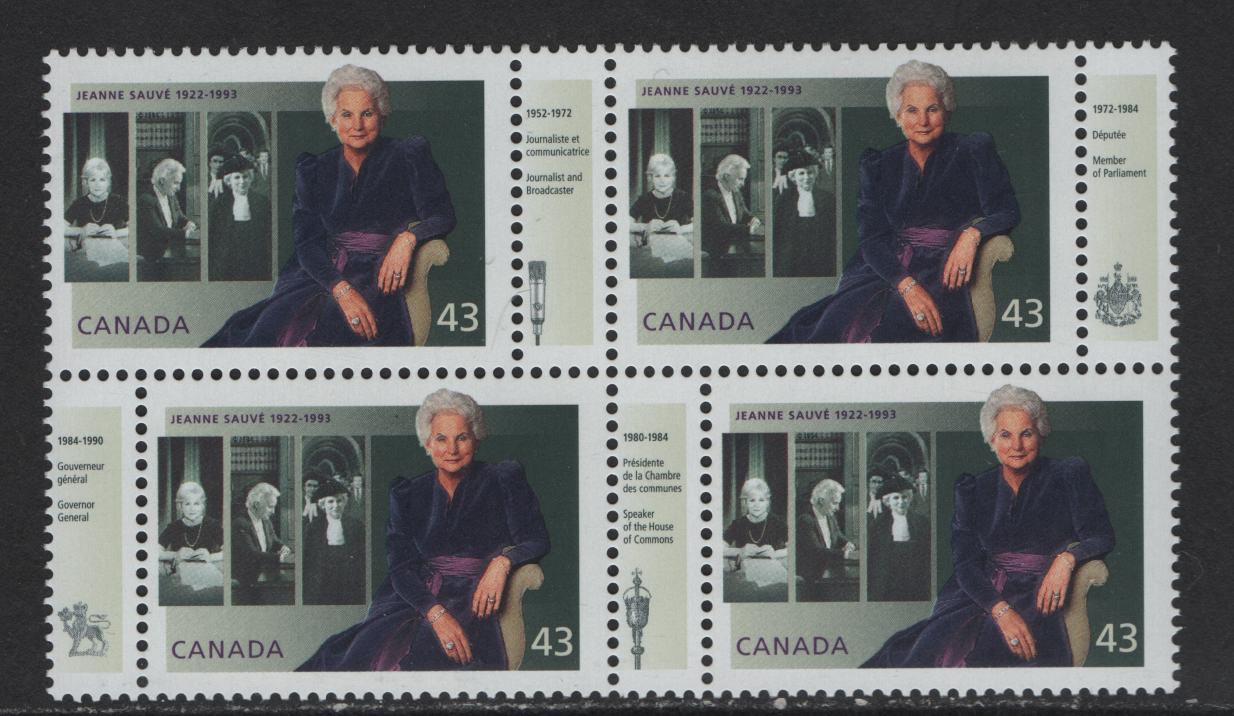 Canada #1509a 43c Multicoloured Jeanne Sauve, 1994 Jeanne Sauve Memorial Issue, A VFNH Block Of 4 + 4 Labels On Low Fluorescent Peterborough Paper