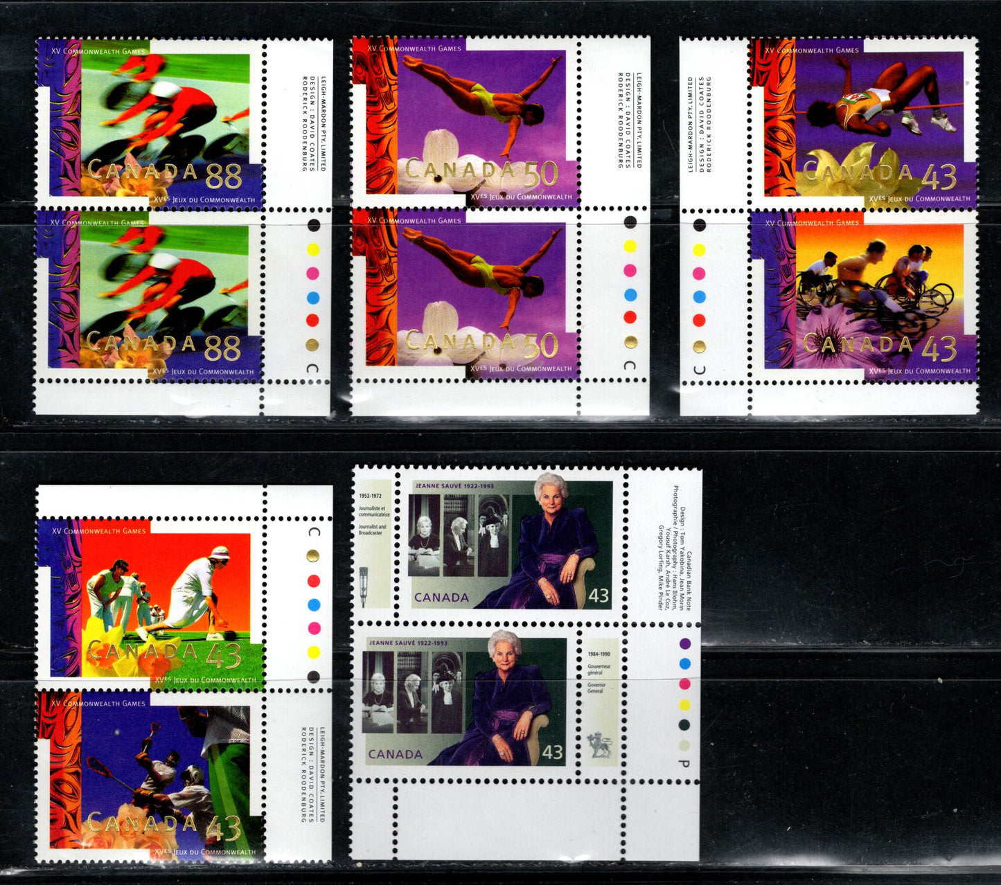 Canada #1509, 1518a, 1520a-1522 43c-88c Multicoloured Jeanne Sauve - Cycling, 1994 Jeanne Sauve Memorial & Commonwealth Games Issues, 5 VFNH Inscription Pairs On LF Peterborough Paper & NF/DF1 Coated Papers Paper