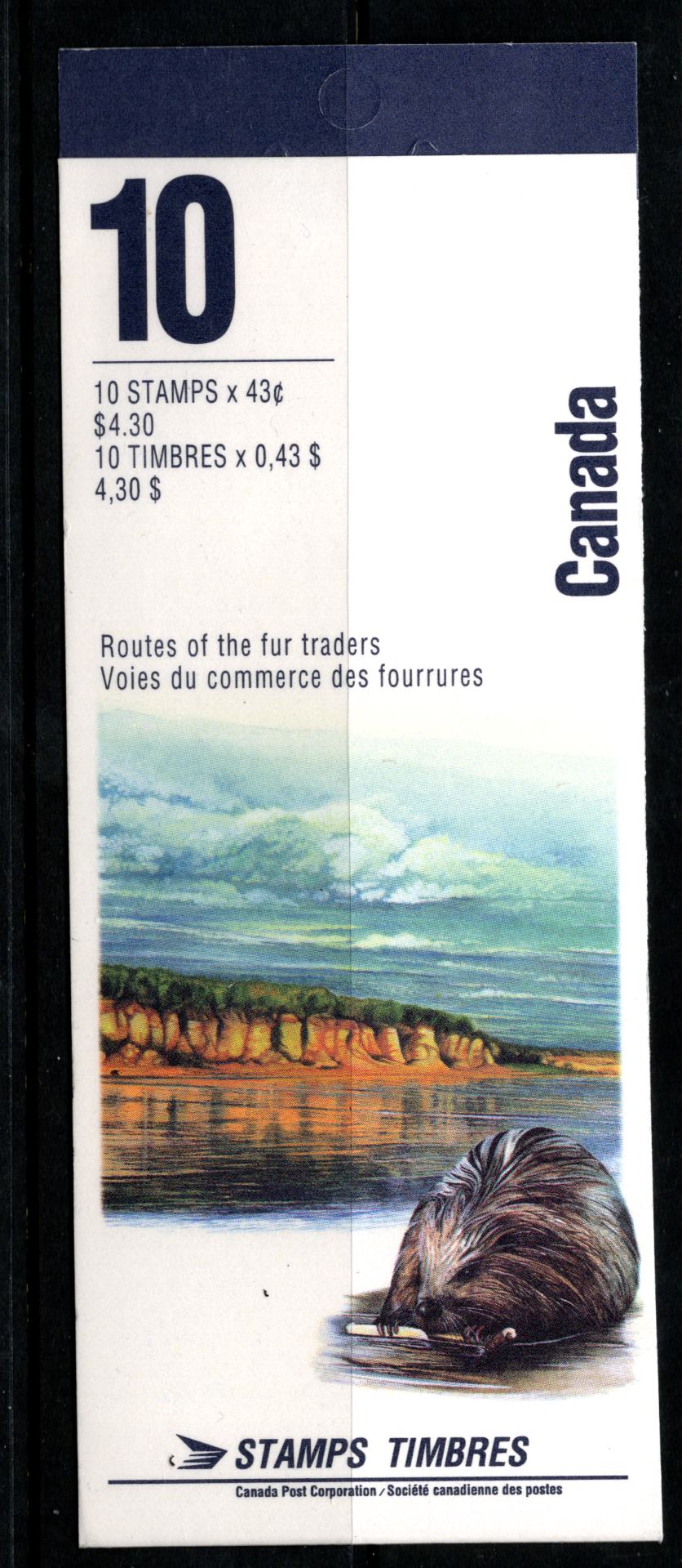 Canada #BK170b 43c Multicoloured Saguenay River - Columbia River, 1994 Heritage Rivers Issue, A VFNH Complete Booklet Of 10 HF Open Cover Cover (Philatelic Stock), Showing Pink Dot In River Variety, Pos. 2, Possibly Constant Or Tertiary