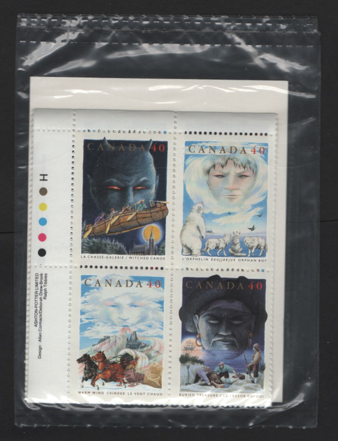 Canada #1337a 40c Multicoloured Witched Canoe - Buried Treasure, 1991 Canadian Folklore Issue, A VFNH Sealed Pack of Inscription Blocks Type 4 DF2 Blue & White Cardboard Insert, DF1 Harrison Paper