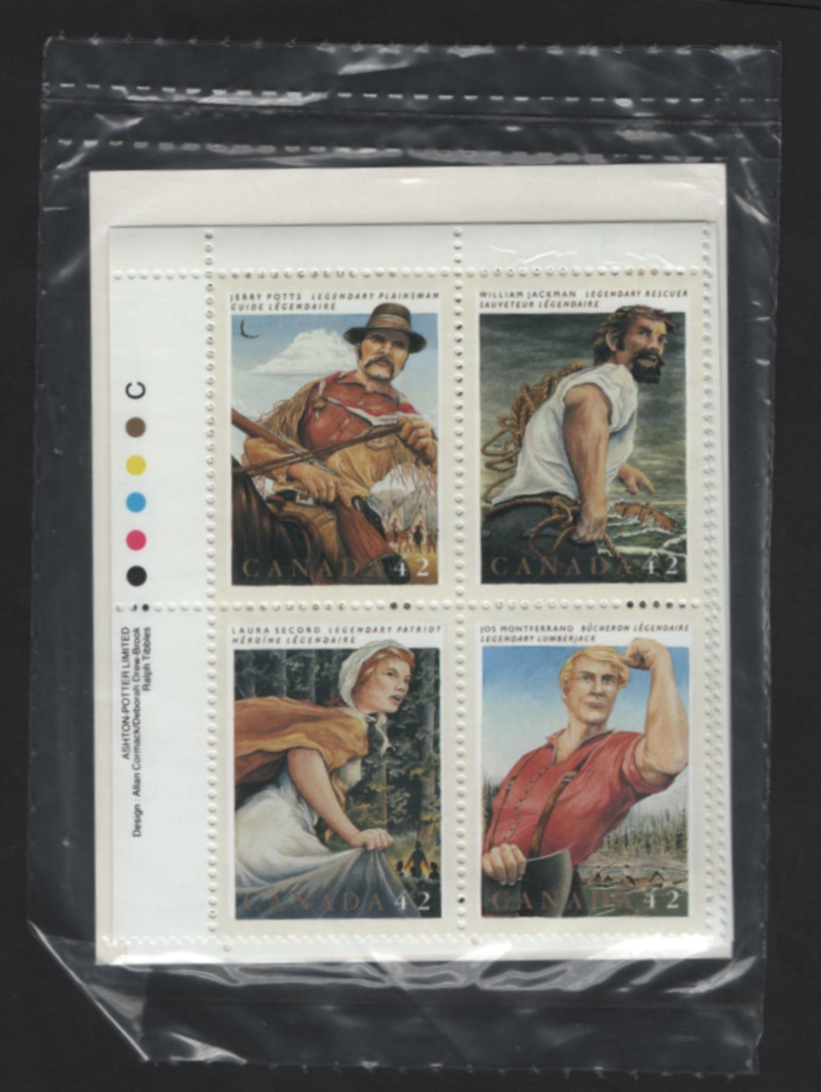 Canada #1435a 42c Multicoloured Jerry Potts - Jos Montferrand, 1992 Canadian Folklore Issue, A VFNH Sealed Pack of Inscription Blocks Type 4 DF2 Blue & White Cardboard Insert, DF1/DF2 Coated Papers Paper