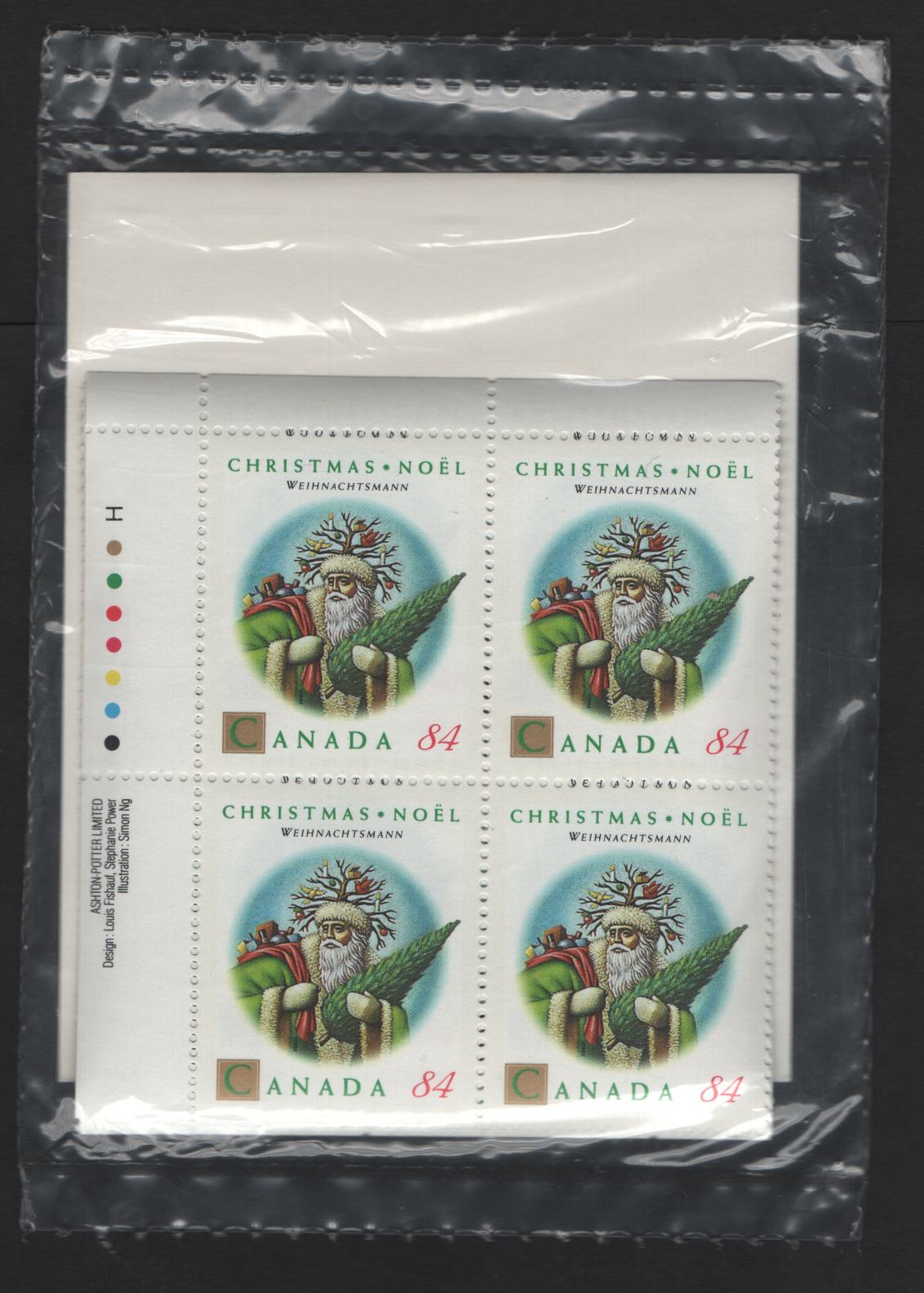Canada #1454 84c Multicoloured Weihnachtsmann, 1992 Christmas Issue, A VFNH Sealed Pack of Inscription Blocks Type 4 DF1 Blue & White Cardboard Insert, DF1/DF2 Coated Papers Paper