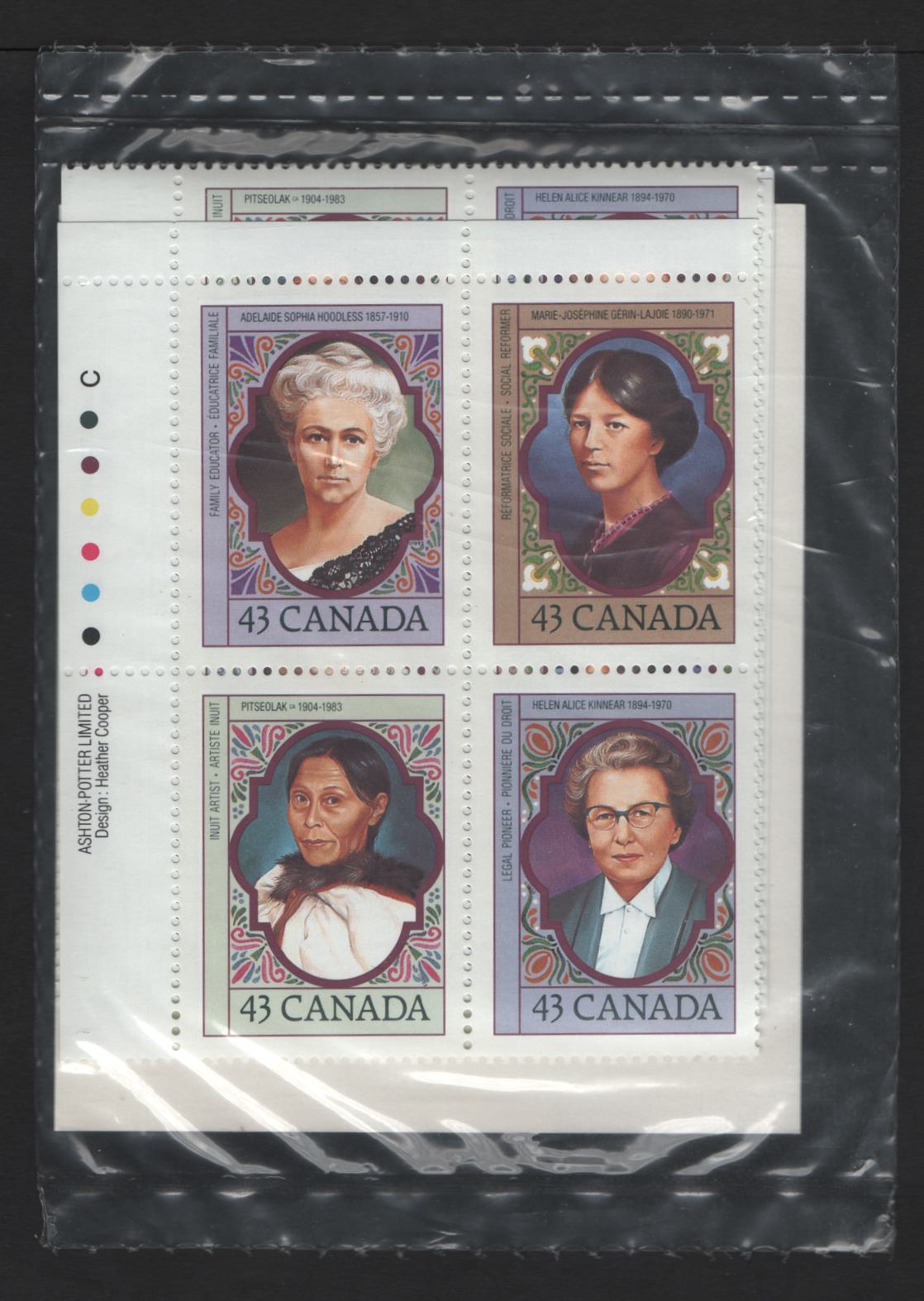 Canada #1459a 43c Multicoloured Adelaide Hoodless - Helen Kinnear, 1992 Prominent Canadian Women Issue, A VFNH Sealed Pack of Inscription Blocks Type 4 DF2 Blue & White Cardboard Insert, DF1/DF2 Coated Papers Paper