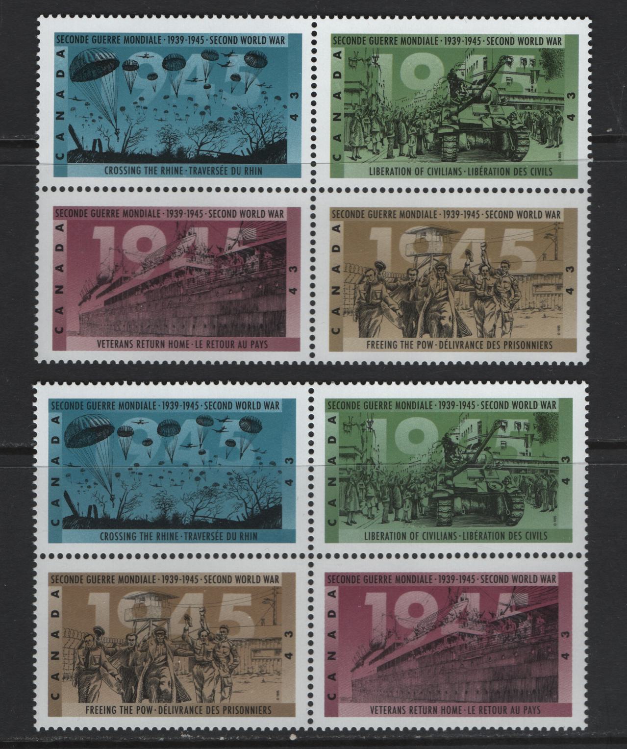 Lot 153 Canada #1544a, 1544ai 43c Multicoloured Veterans Return Home - Crossing The Rhine, 1995 50th Anniversary Of World War 2, 2 VFNH Se-Tenant Blocks Of 4 On LF & HF Peterborough Paper