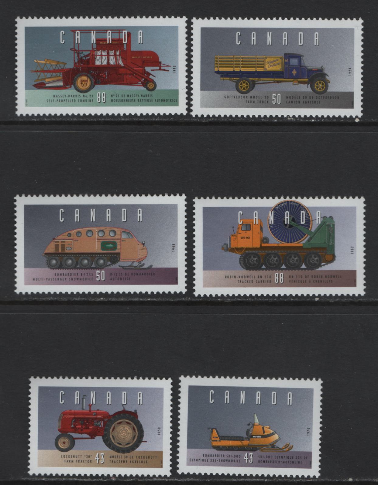 Canada #1552a-f 43c-88c Multicoloured Cockshutt "30" Tractor - Massey Harris #21 Combine, 1995 Historic Land Vehicles Issue, 6 VFNH Singles On LF Peterborough Paper