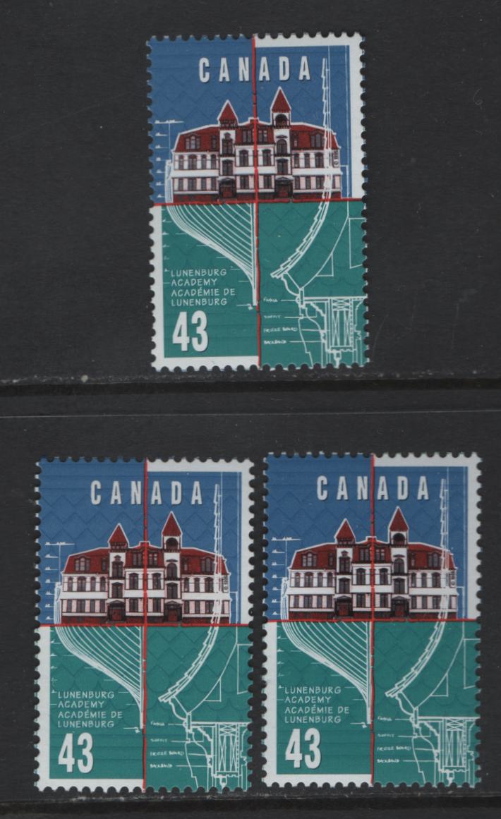 Lot 153 Canada #1558-1558i 43c Multicoloured Lunenburg Academy, 1995 Lunenburg Academy Centenary issue, 3 VFNH Singles On HF, MF And Unlisted LF Peterborough Paper