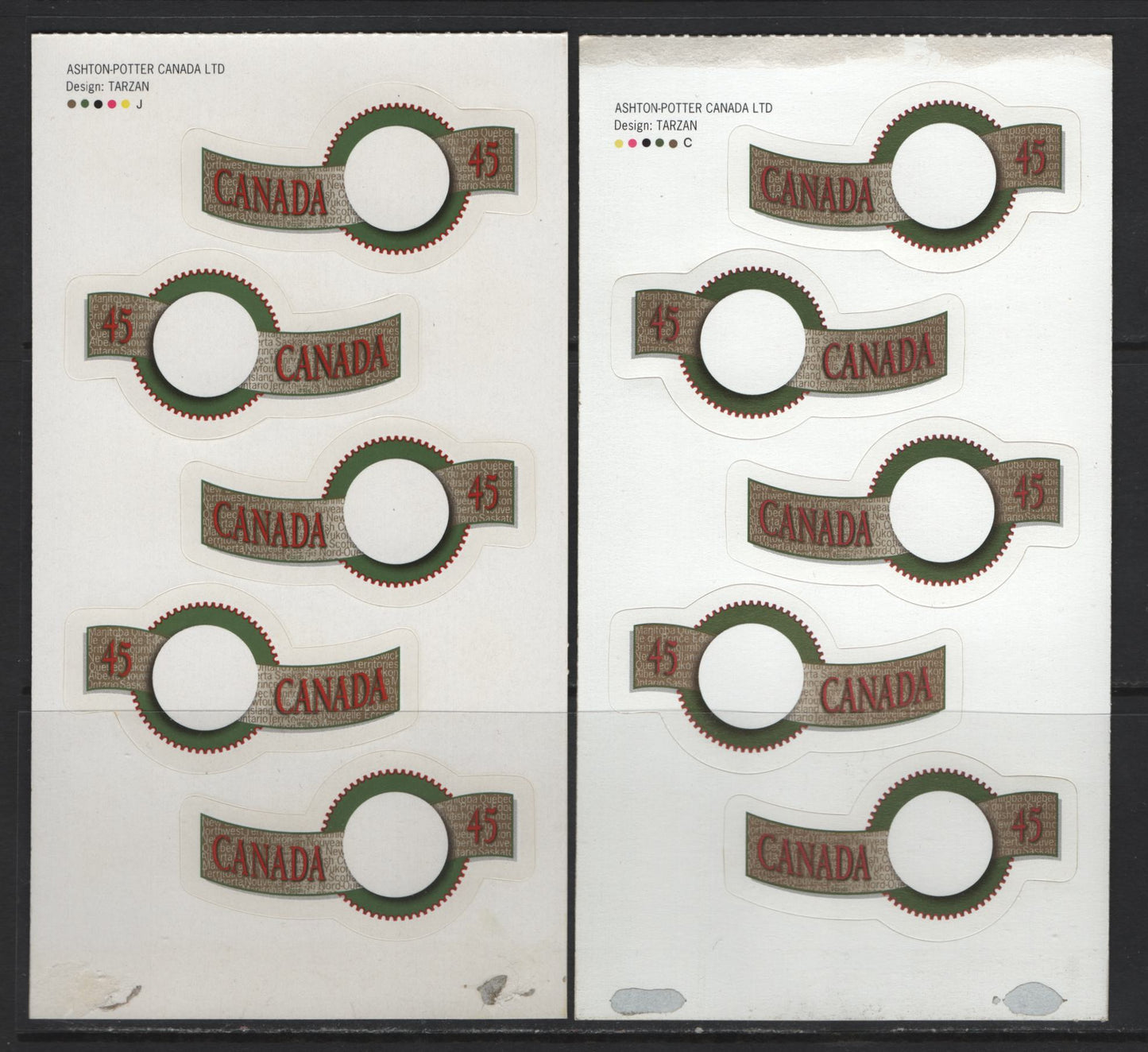 Canada #1568-1569i 45c Multicoloured Quck Stick , 1995 Greetings Issue, 2 VFNH Lower Booklet Pane Of 5 On DF Coated Papers Paper & HB JAC Paper