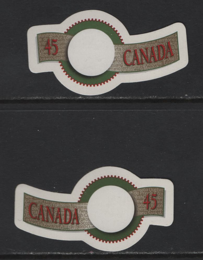 Canada #1568ii, 1569iv 45c Multicoloured Quck Stick , 1995 Greetings Issue, 2 VFNH Die Cut To Shape Singles On HB JAC Paper