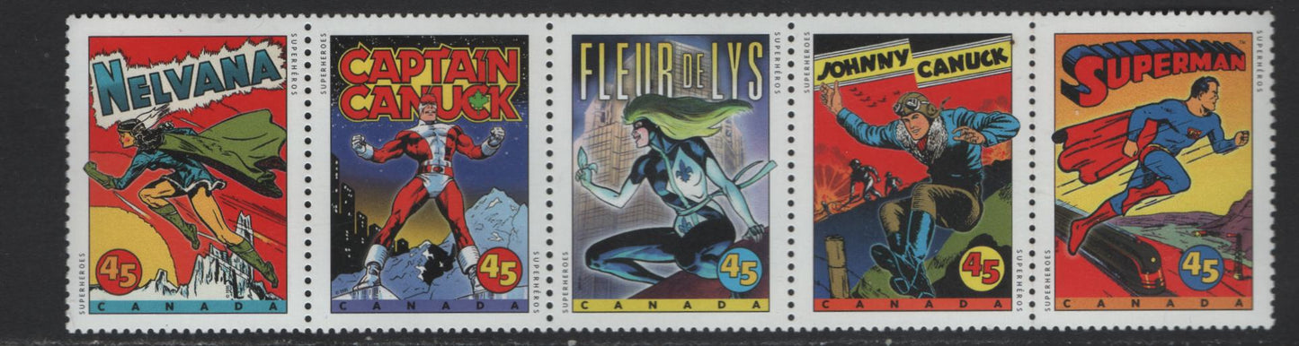 Canada #1583a 45c Multicoloured Superman - Fleur De Lys, 1995 Comic Book Superheroes Issue, A VFNH Se-Tenant Strip Of 5 On DF1 Coated Papers Paper