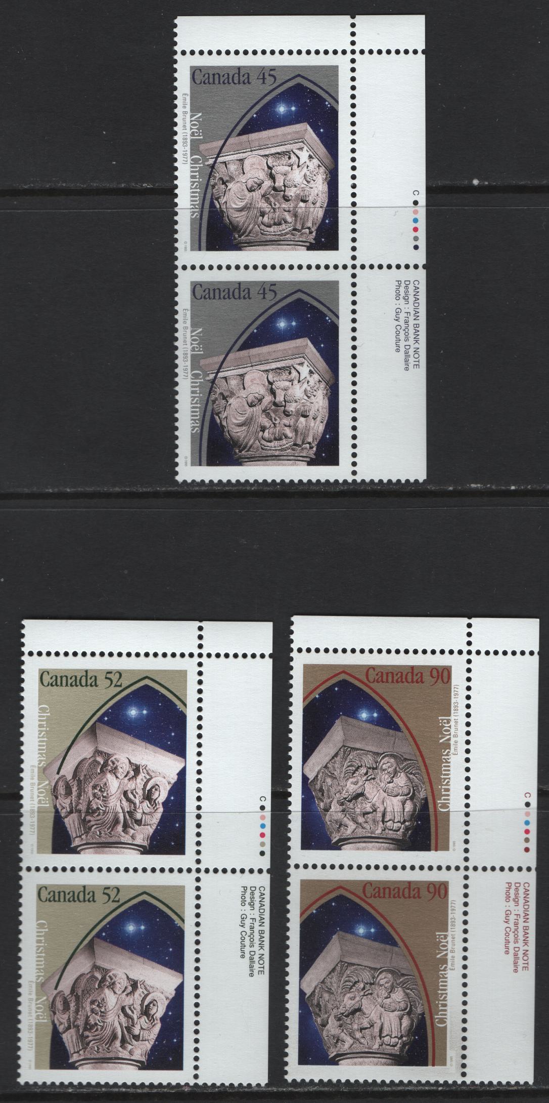 Canada #1585-1587 45c-90c Multicoloured The Nativity - Flight To Egypt, 1995 Christmas, 3 VFNH Inscription Pairs On DF1 Coated Papers Paper