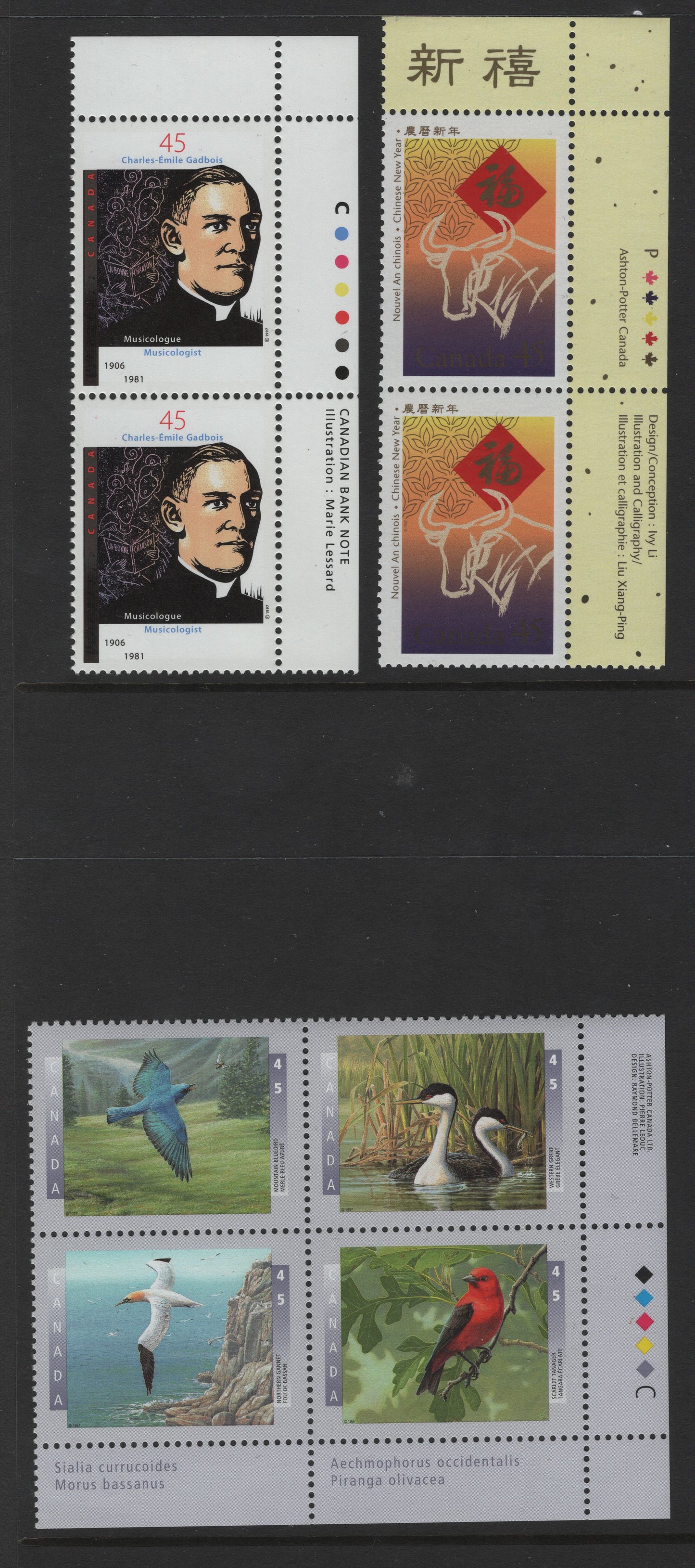 Canada #1630, 1637, 1634a 45c Multicoloured Ox & Chinese Character - Charles Emile Gadbois, 1997 Year Of The Ox Issue, 2 VFNH Inscription Pairs Se-Tenant Block Of 4