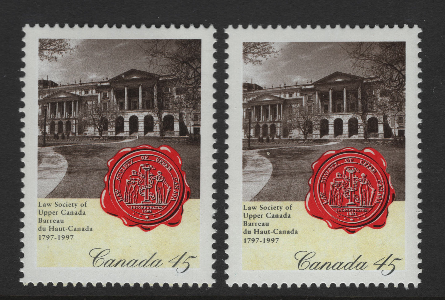 Canada #1640var 45c Multicoloured Osgoode Hall, 1997 Law Society Of Upper Canada, A VFNH Single Showing marked Misregistration Of Text On Wax Seal, With Normal To Compare