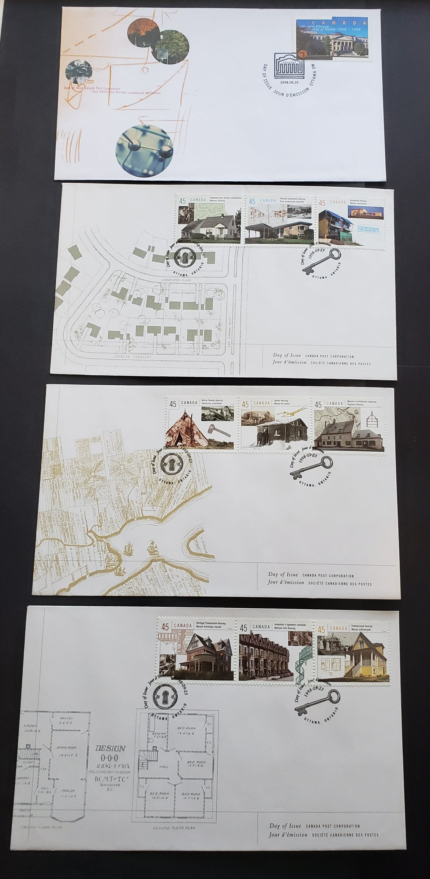 Canada #1755a-1756 45c Multicoloured Native Peoples Housing - Tabaret Hall, 1998 Housing In Canada & University Of Ottawa Issue, 4 VF Canada Post FDC's Franked With Strips & A Single On LF & HB Envelopes