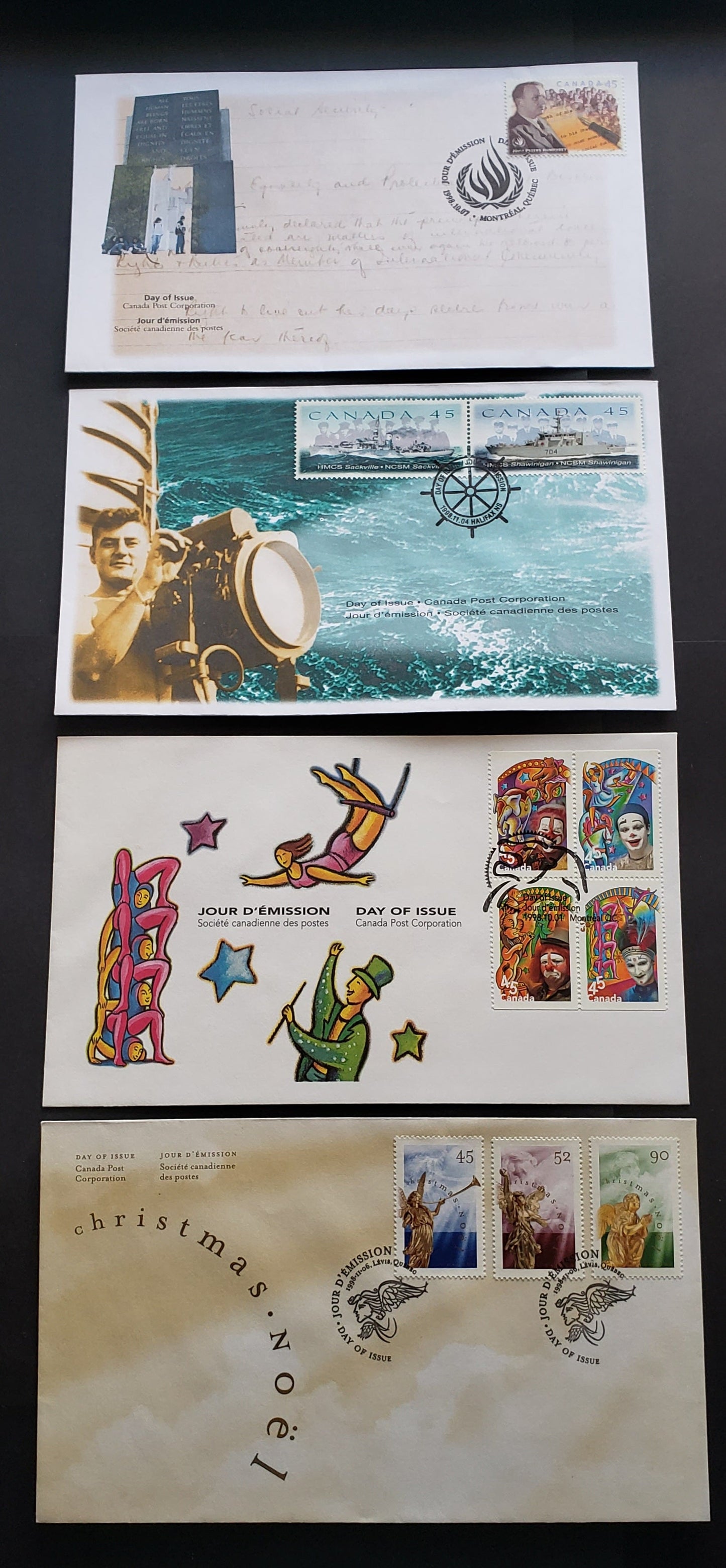 Canada #1761, 1760a, 1763a, 1764-1766 45c-90c Multicoloured Clowns - Angels, 1998 Circus - Christmas Issues, 4 VF Canada Post FDC's Franked With Singles & Block On DF & HB Envelopes