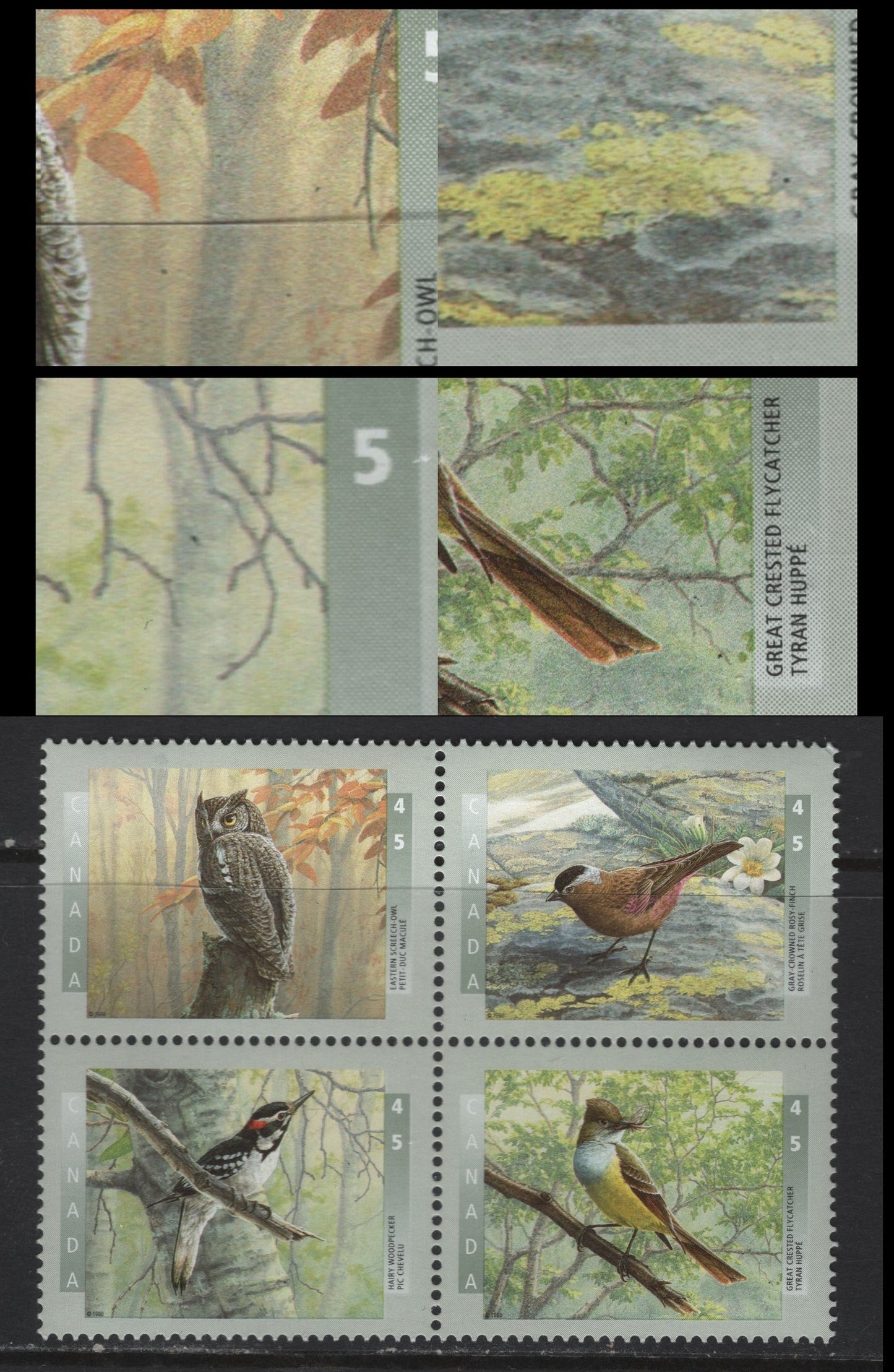 Lot 157 Canada #1713avar 45c 1998 Birds Of Canada Issue, A VFNH Se-Tenant Block Of 4 With Black Flies Variety On All 4 Stamps, Tertiary Or Constant, As I Saw The Identical Varieties On An FDC, But Thought It Was Cancel Spatter