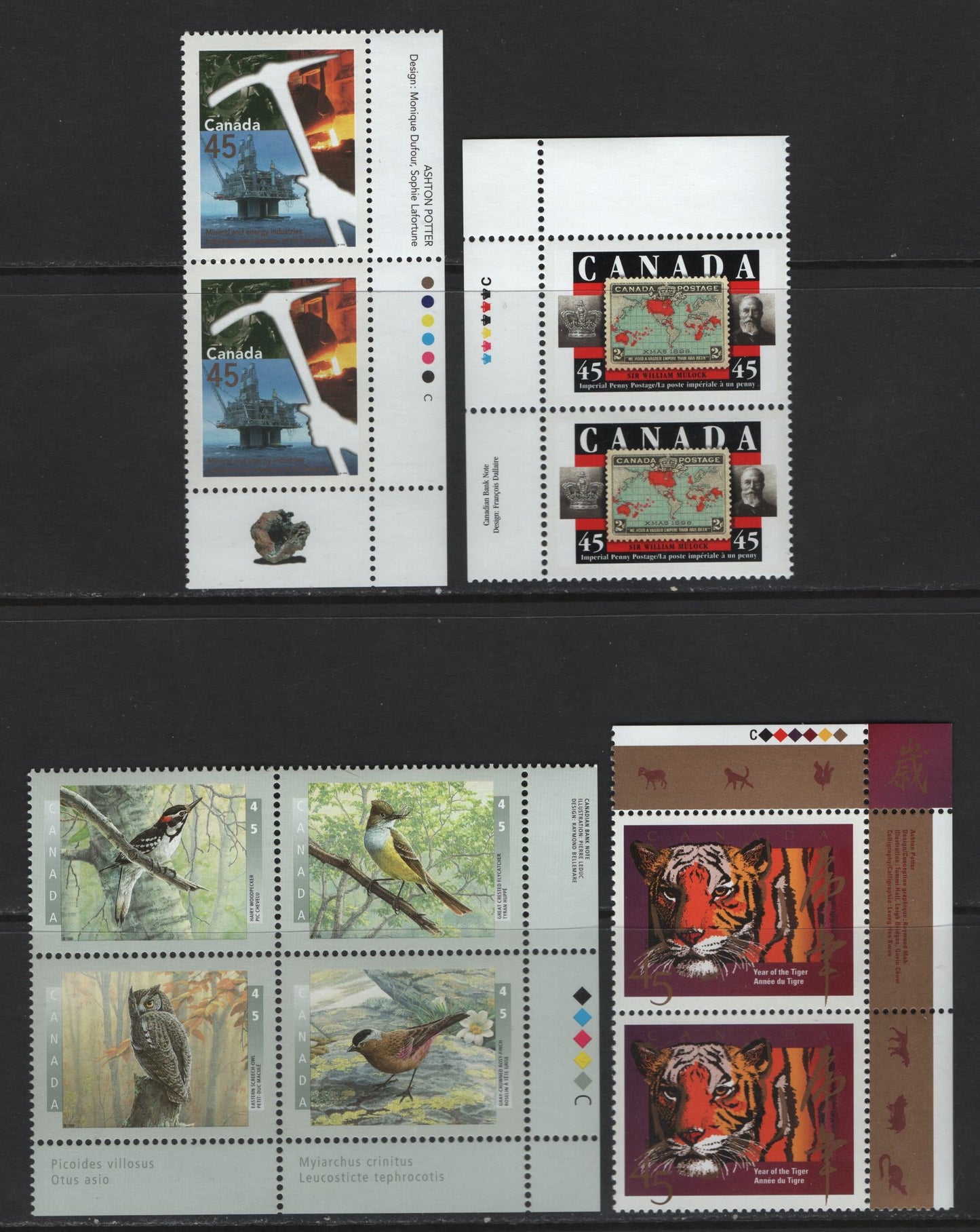 Canada #1708, 1713a, 1721-1722 45c Multicoloured Tiger & Chinese Characters - Imperial Penny Postage Stamp, 1998 Year Of The Tiger - Sir William Mullock Issues, 3 VFNH Inscription Pairs & Inscription Block