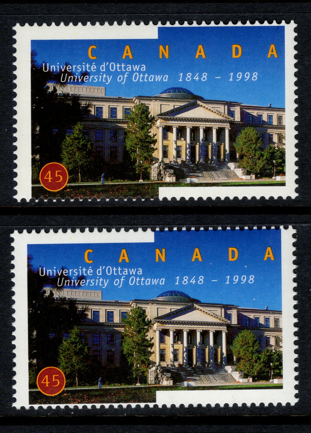 Canada #1756&var 45c Multicoloured Tabaret Hall, 1998 University Of Ottawa Issue, 2 VFNH Singles On DF1/DF1 & DF1/DF2 TRC Paper