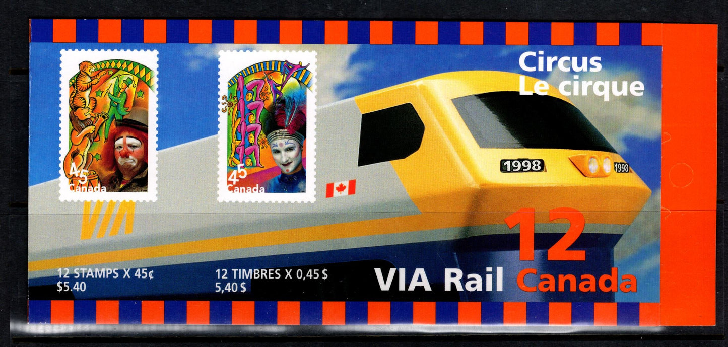 Canada #BK210b 45c Multicoloured Clowns, 1998 Circus Issue, A VFNH Complete Booklet Of 12 HB Open Cover (Philatelic Stock)