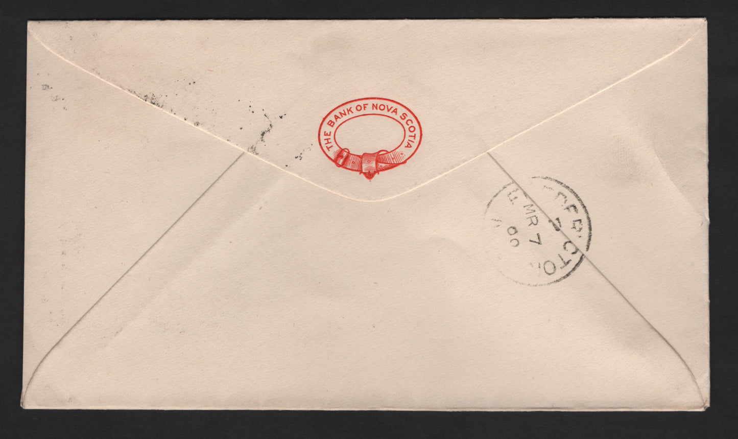 Canada #77 2c Carmine Red Queen Victoria, 1898-1902 Numeral Issue, A Used Single On Cover Thermographed Bank Of Nova Scotia Reply Envelope, Sent From Halifax To Fredericton, NB
