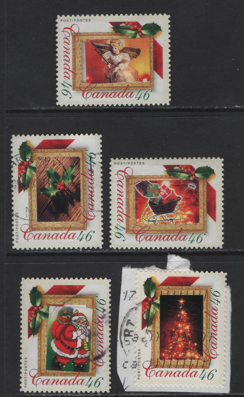 Canada #1872 46c Multicoloured Christmas Picture Frame, 2000 Picture Postage Issue, 5 VF Used Singles Complete Set With The Pane Supplied Labels Affixed, MF JAC Paper, One On Piece