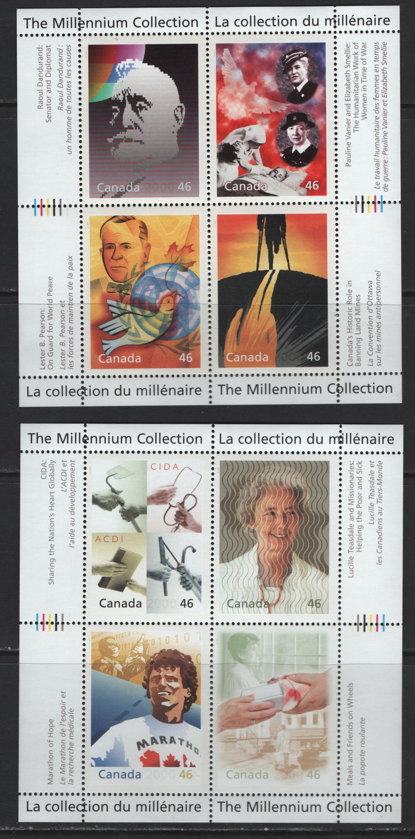 Canada #1824-1825 46c Multicoloured Hearts Of Gold - Humanitarians & Peacekeepers, 2000 The Millennium Collection Issue, 2 VFNH Miniature Sheets Of 4 On NF/DF1 TRC Paper