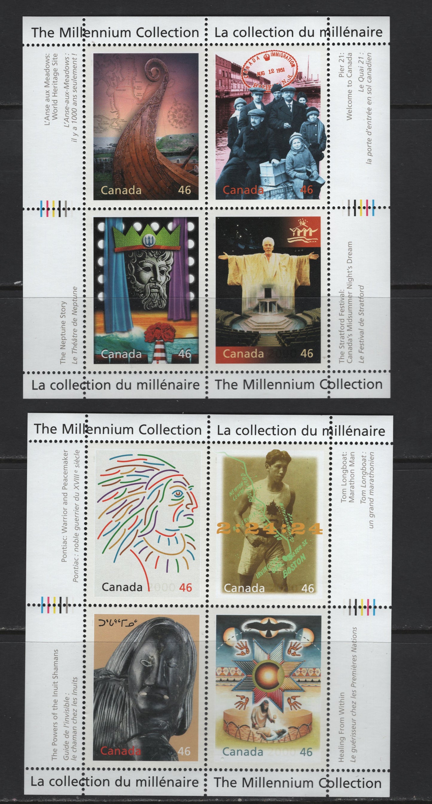 Canada #1826-1827 46c Multicoloured Canada's First Peoples & Cultural Fabric, 2000 The Millennium Collection Issue, 2 VFNH Miniature Sheets Of 4 On NF/DF1 TRC Paper