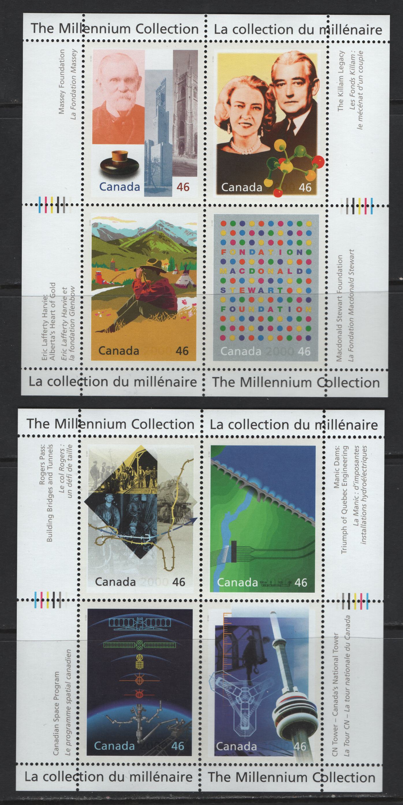 Canada #1830-1831 46c Multicoloured A Tradition Of Generosity - Engineering & Technical Marvels, 2000 The Millennium Collection Issue, 2 VFNH Miniature Sheets Of 4 On NF/DF1 TRC Paper