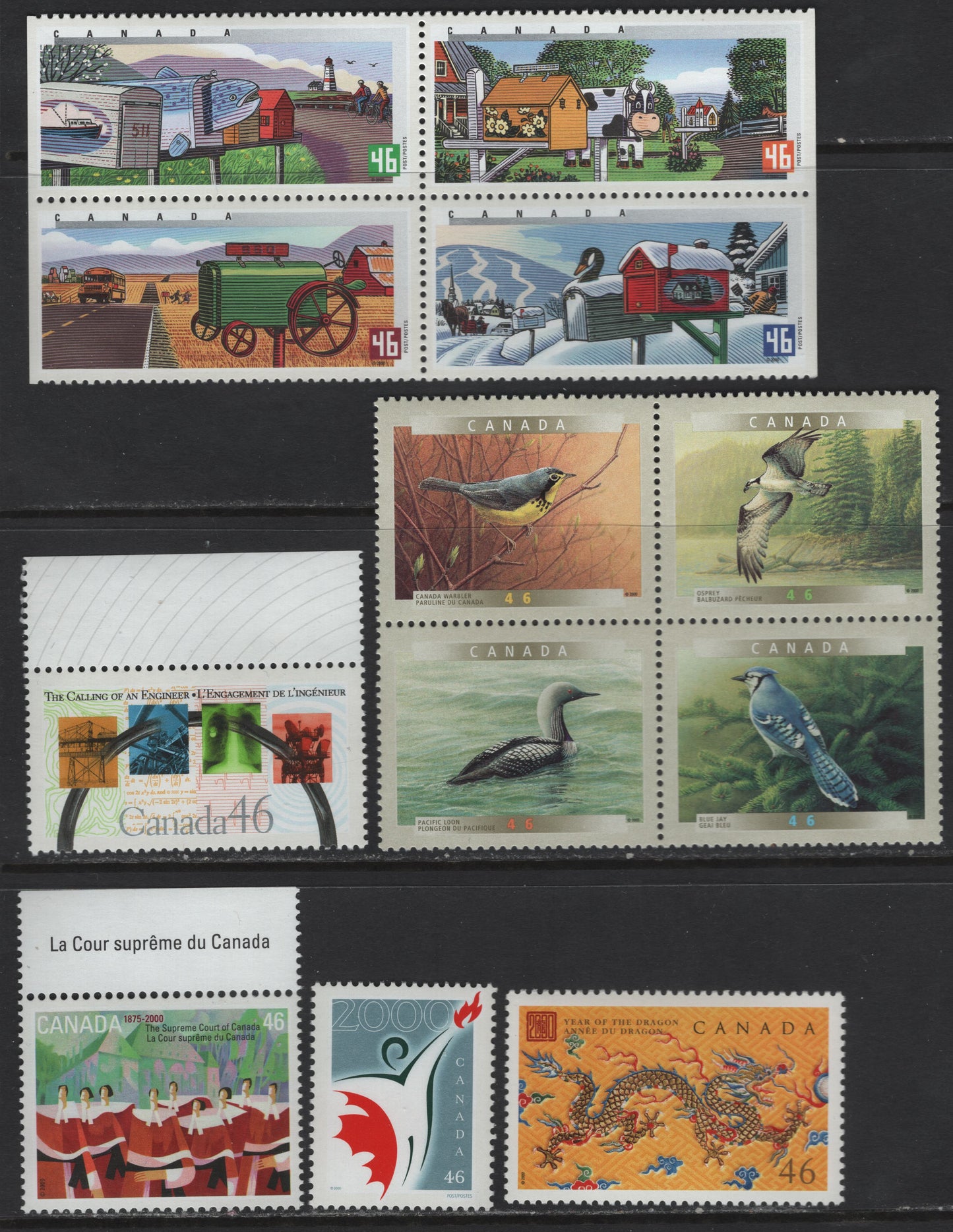 Canada #1835-1836, 1842b, 1847-1852 46c Multicoloured Millennium Partnership Logo - Goose Head & House Designs, 2000 Millennium Partnership Program - Rural Mailboxes Issues, 4 VFNH Singles & 2 Se-Tenant Blocks Of 4