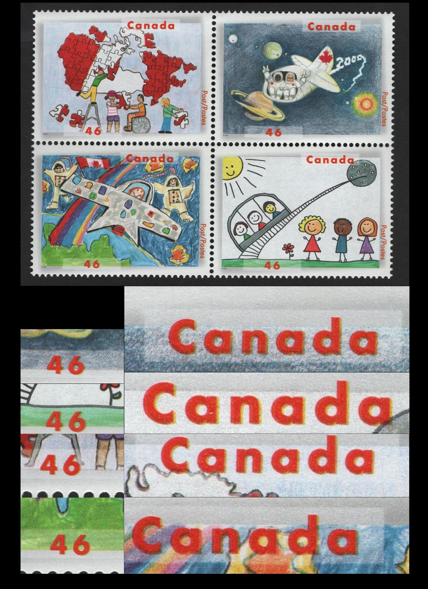 Canada #1862avar 46c Multicoloured Astronauts - Colour Blind World, 2000 Stampin The Future Issue, A VFNH Se-Tenant Block Of 4 Showing Yellow Shadow On Each Of The Red Inscriptions, Due To Colour Shift