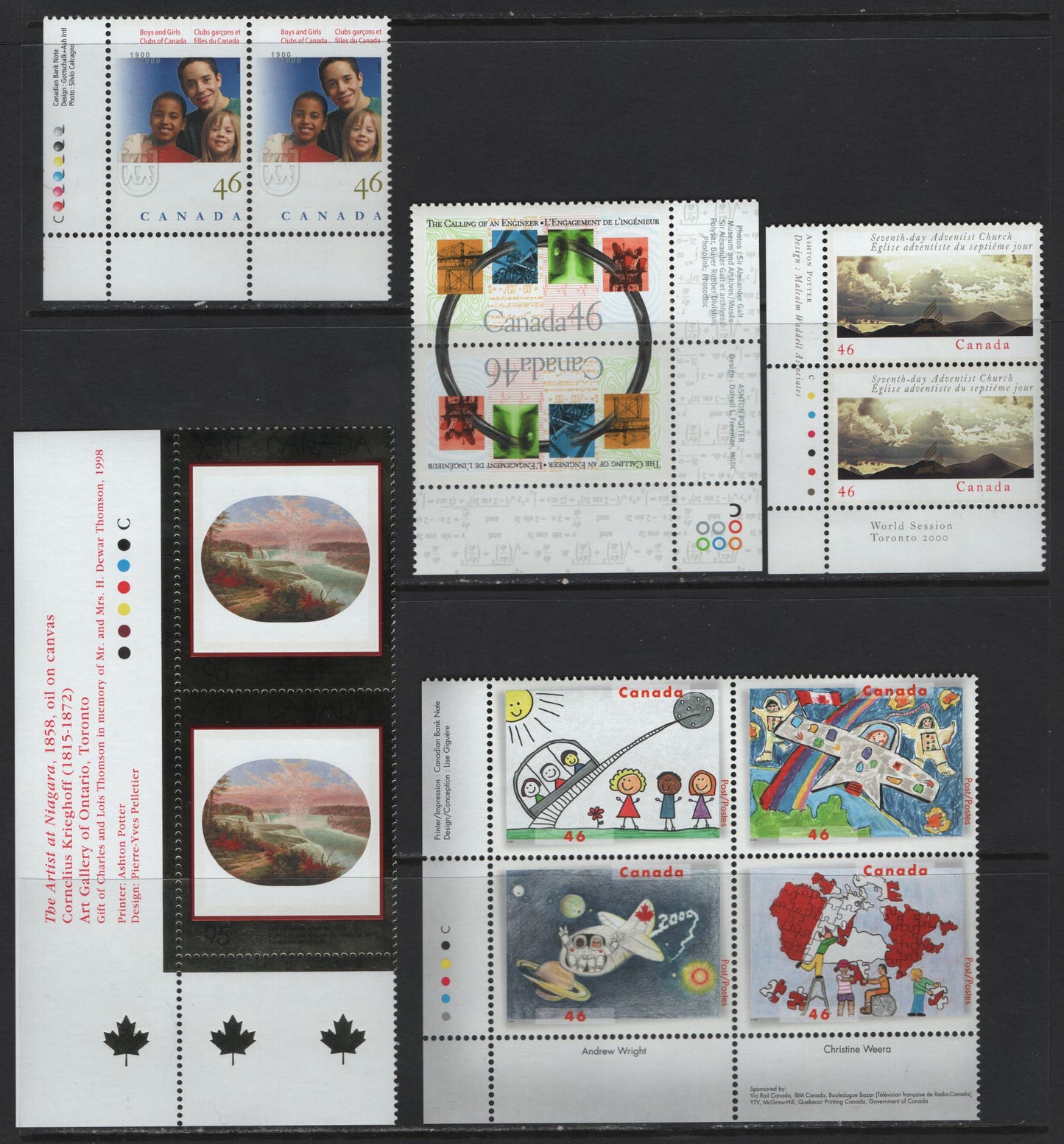 Canada #1848, 1857-1863 46c-95c Multicoloured Engineering Accomplishments - The Artist At Niagara, 2000 The Calling Of An Engineer - Art Canada Issues, 4 VFNH Inscription Pairs & Se-Tenant Block