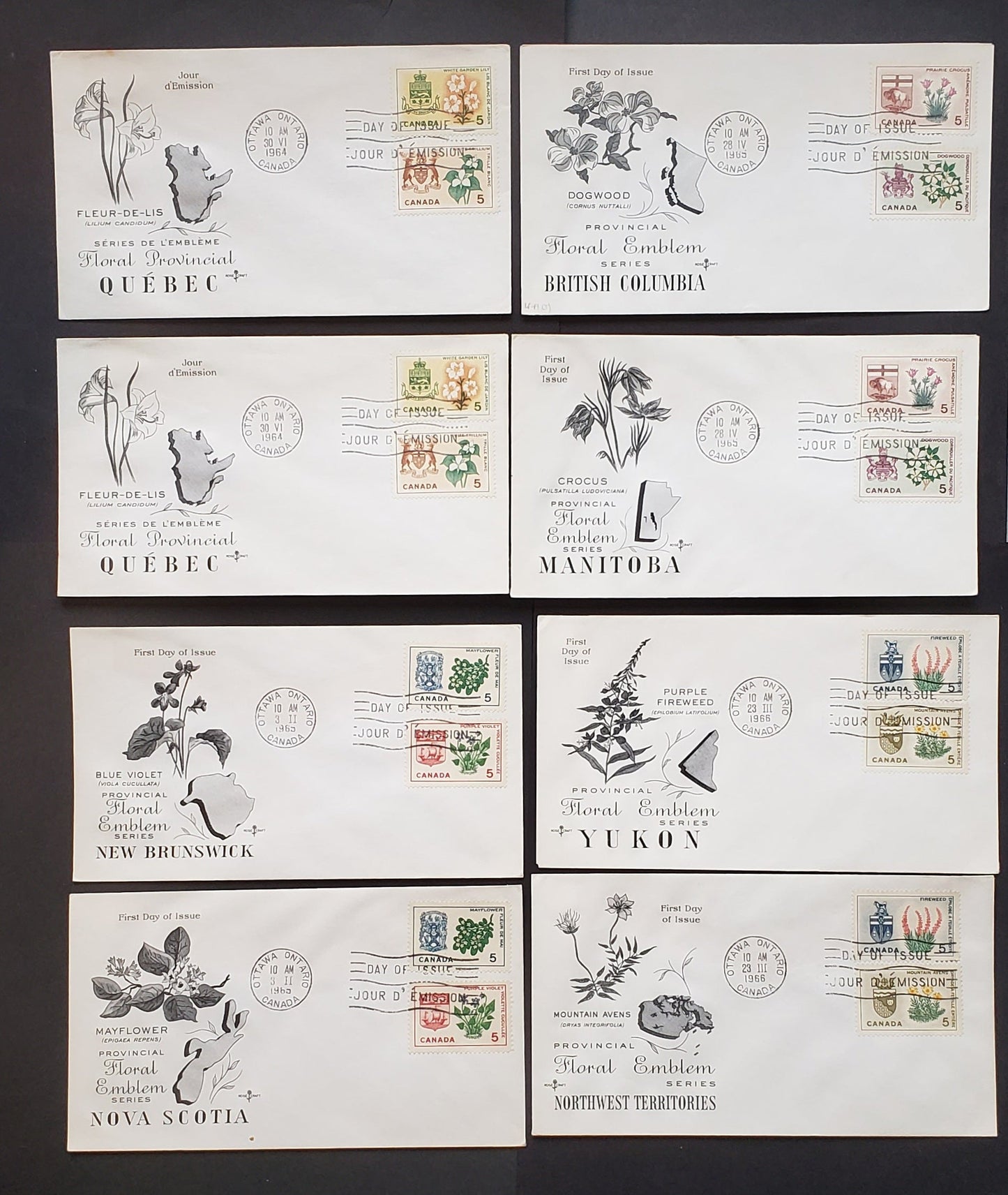 Canada #418-423, 428-429 5c Multicoloured White Trillium - Mountain Avens, 1964-1966 Emblems Issue, 8 VF First Day Covers With Rosecraft Cachets, Stamps Franked With Pairs, Stamps On DF Paper, Unaddressed, Both Cachets For Each Combination