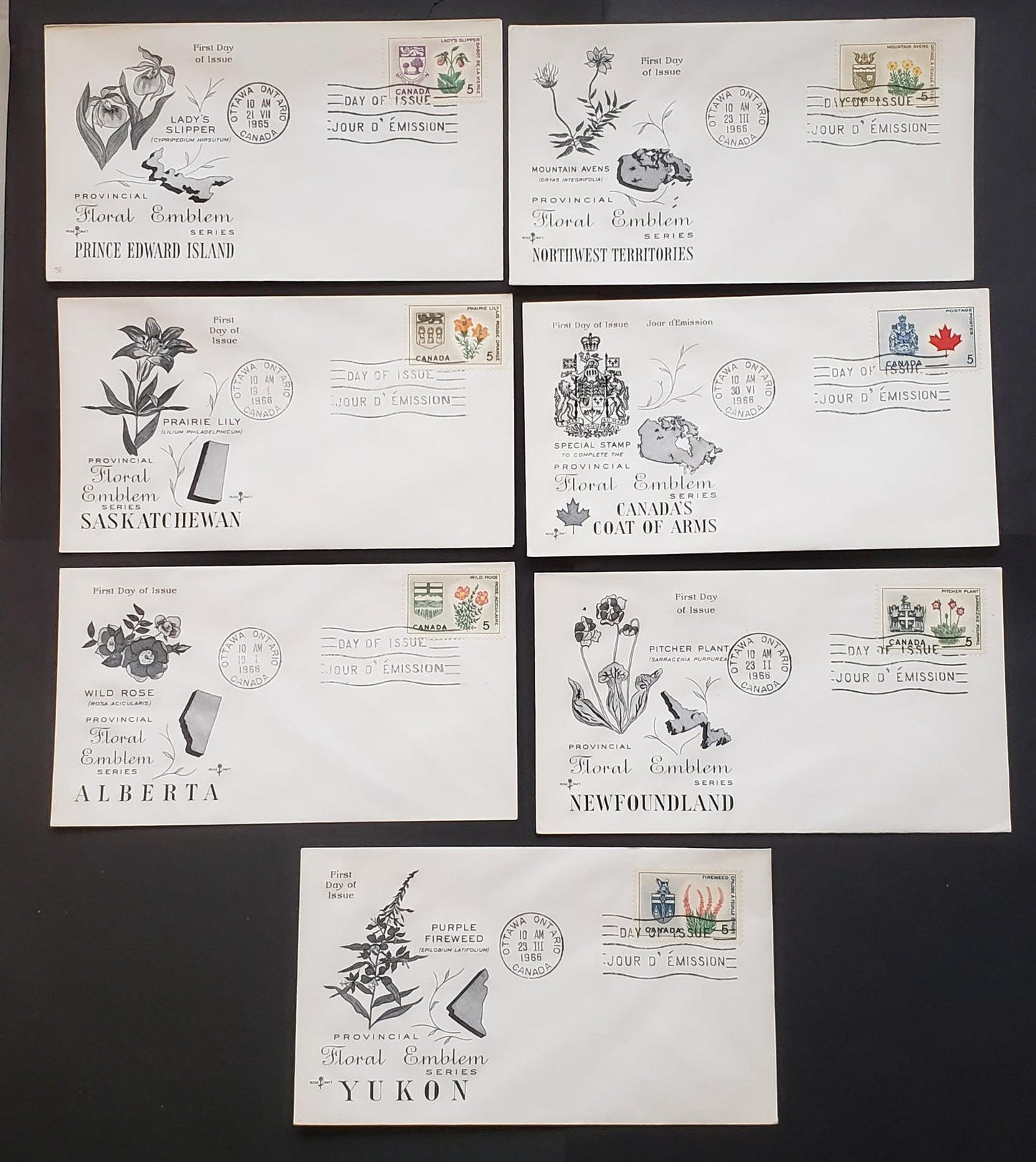 Canada #424-429A 5c Multicoloured Lady's Slipper - Canadian Coat Of Arms & Maple Leaf, 1964-1966 Emblems Issue, 7 VF First Day Covers With Rosecraft Cachets, Unaddressed, Stamps On DF Paper