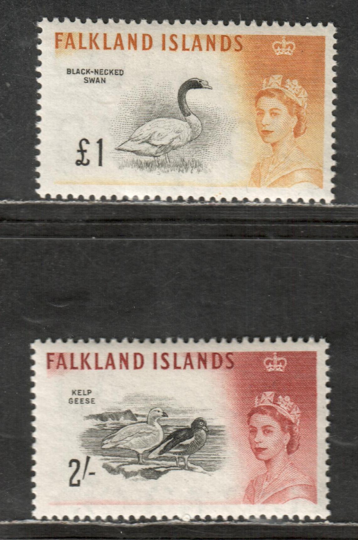 Lot 102 Falkland Islands Gibbons # 204,207 2/- Black & Brown Red, £1 Black & Orange Yellow, 1960-1966 Bird Definitives Issue, 2 VFOG Singles Waterlow Printings