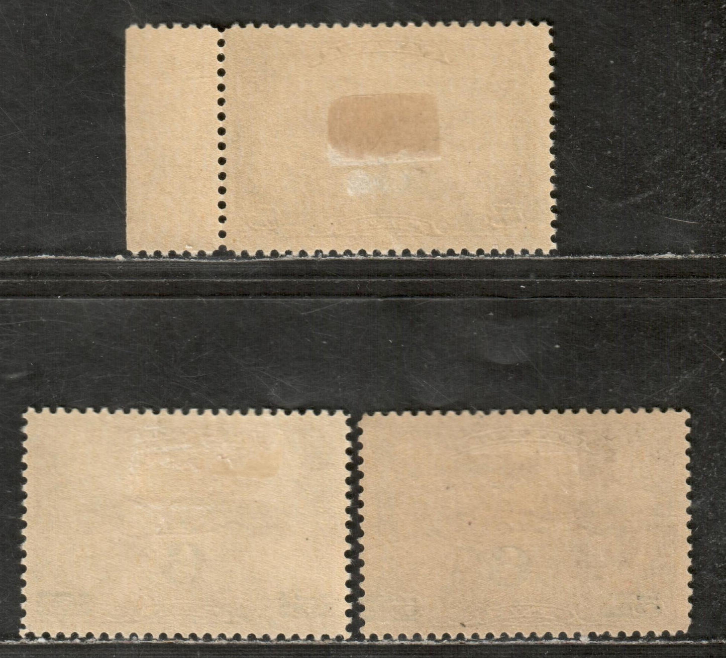 Canada #C3 5c Deep Olive Brown Winged Figures Against Globe, 1932 Air Mail Issue, 3 VFOG Singles With Streaky Gum, Surcharge Shifted Left And Right, With Normal For Comparison