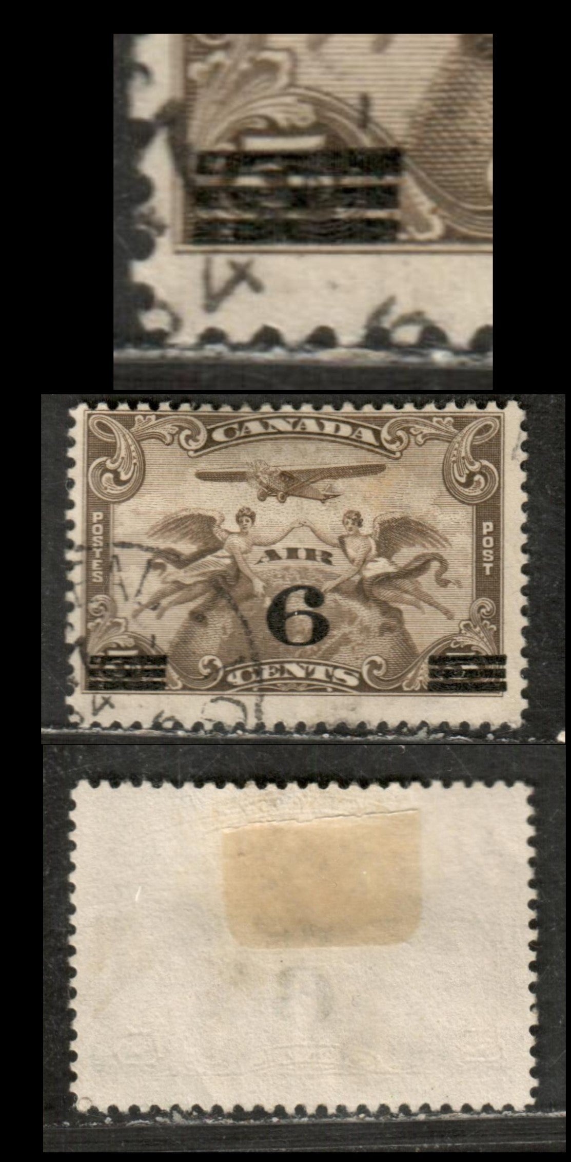 Canada #C3var 5c Olive Brown Winged Figures Against Globe, 1932 Air Mail Issue, A Fine Used Single With Surcharge Bars Staggered At Lower Left