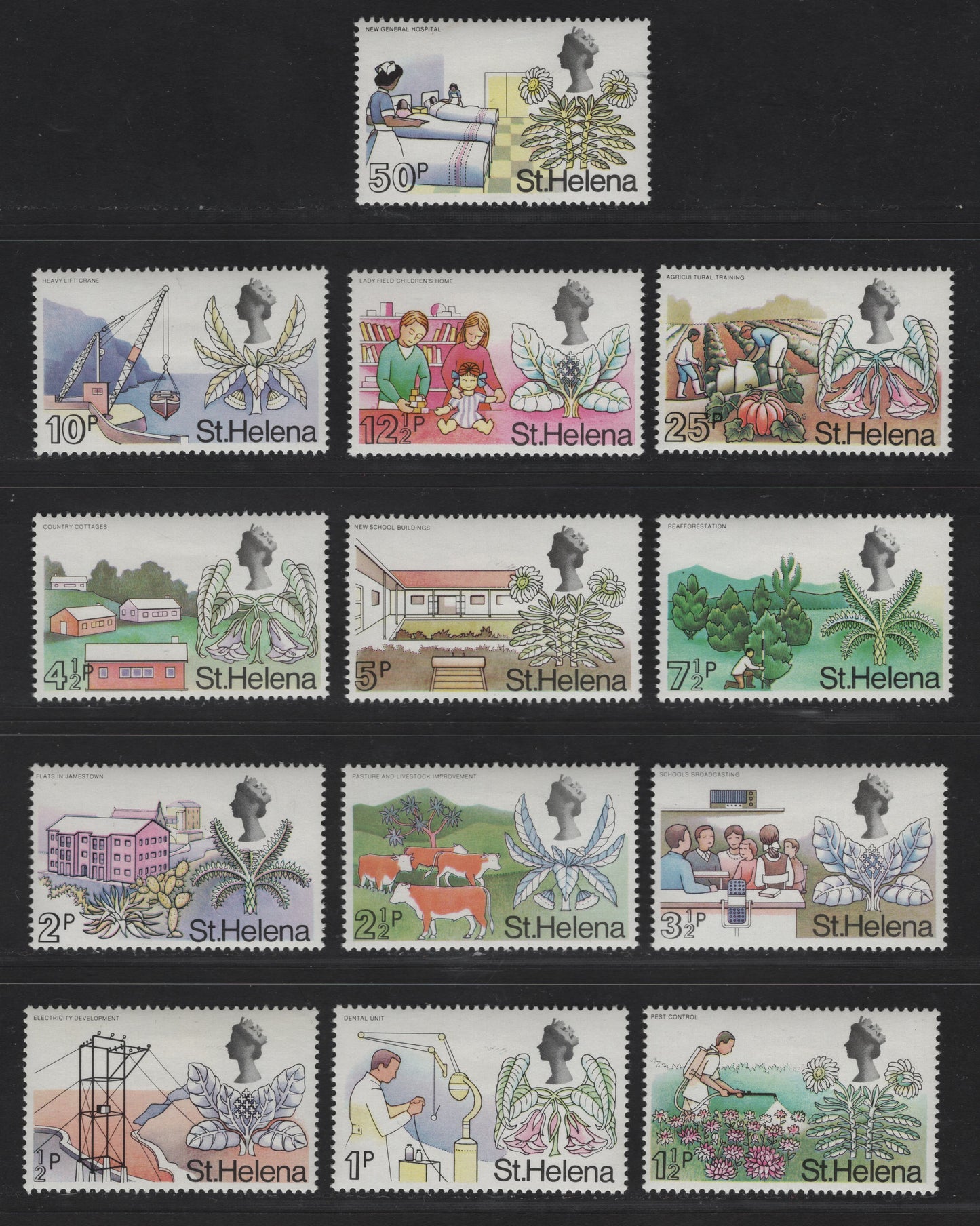St. Helena SC#244-256 1/2d - 50d Multicolored Electricity Development - Lifeboat, 1971 Decimal Currency Pictorial Issue, 13 VFOG Singles, Perf 13.5, Sideways Block CA Wmk