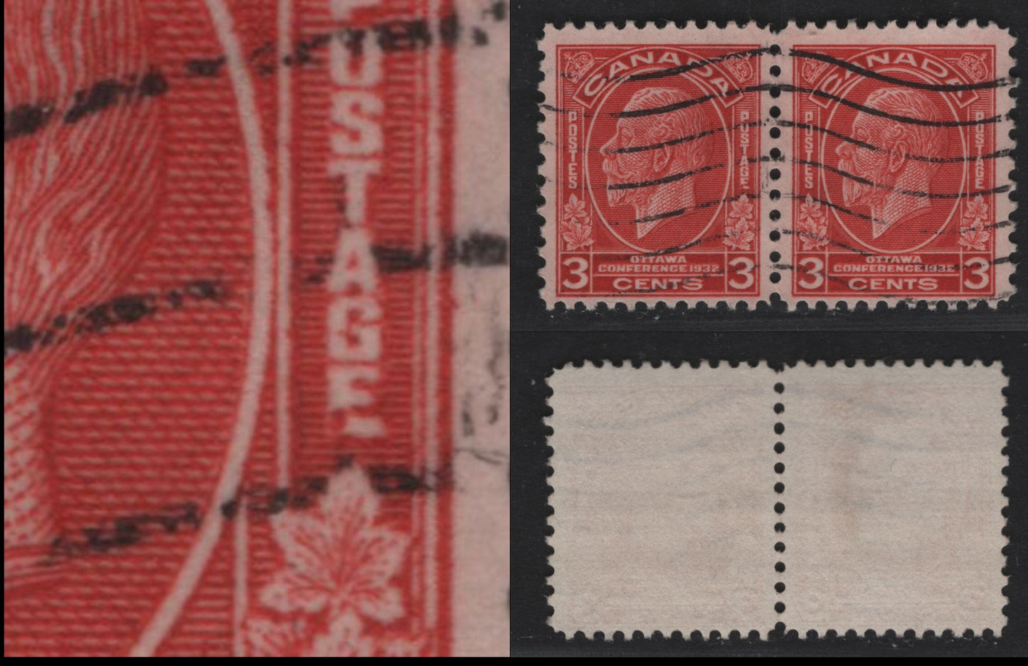 Canada #192 3c Red King George V, 1932 Ottawa Economic Conference Issue, A Fine Used Se-Tenant Pair Showing The Constant "Broken E" From Pos. 87 Of The LR Pane Of Plate 2