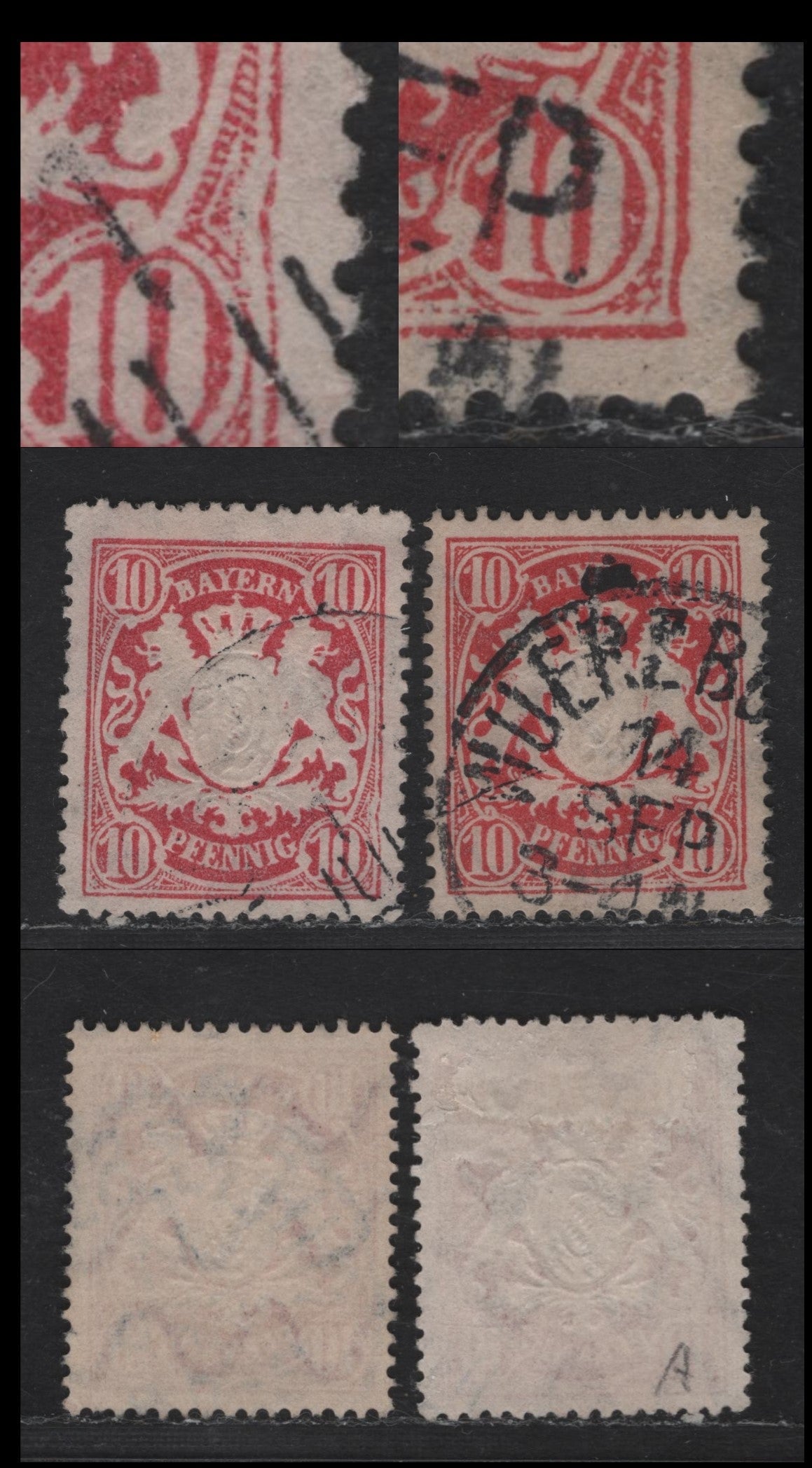 Bavaria #63 10pf Pale Carmine & Salmon Rose, 1888-1900 Embossed Arms Issue On White Paper, Perf 14x14 1/2, 2 Very Fine Used Singles With Bent Frame Flaws, Unlisted In Michel