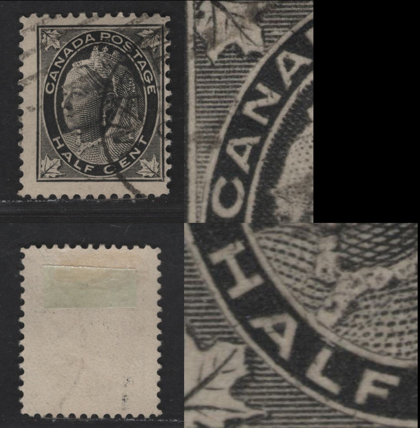Canada #66i 1/2c Black Queen Victoria, 1897-1898 Maple Leaf Issue, A Fine Used Single Re-Entry: Doubling In "CANA" & "HAL"