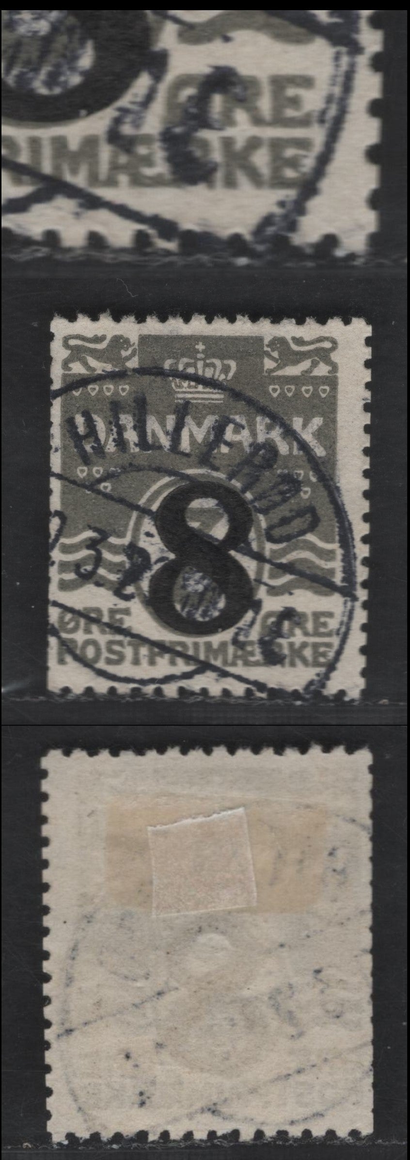 Denmark Facit#115v1 (SC# 163) 8o on 3o Gray Numeral, 1921 Surcharged Issue, A Fine Used Single, MA of Frimaerke Connected At Foot