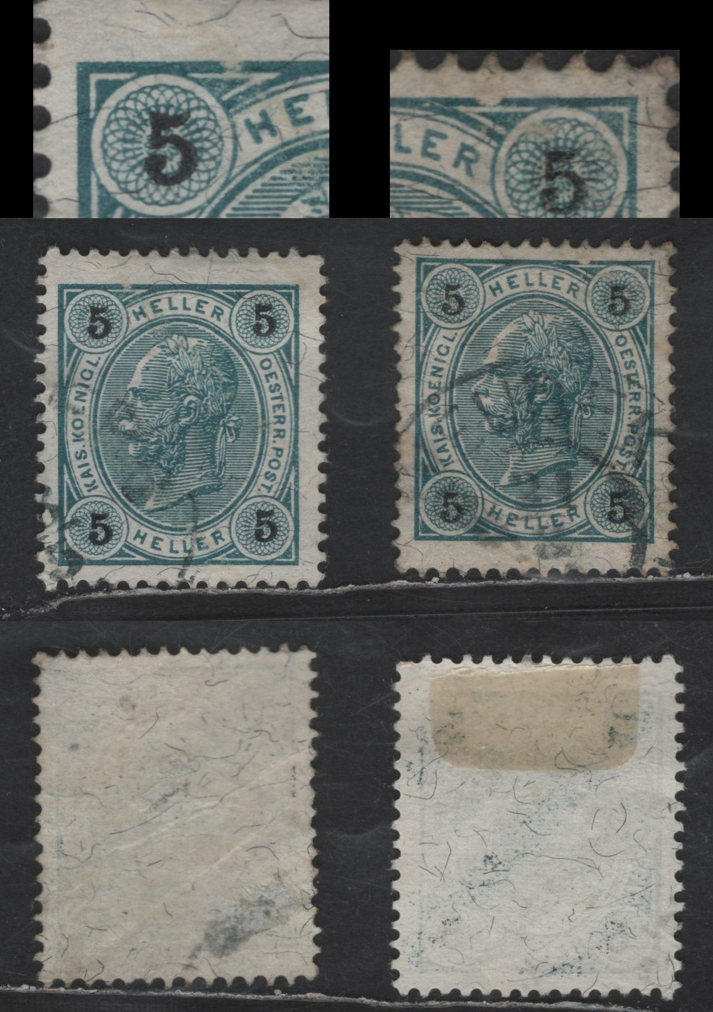 Austria SC#73a 5h Blue Green Emperor Franz Josef, 1899 Emperor Franz Josef Issue, 2 Very Fine Used Singles, Varnish Bars, Unlisted Frame Breaks in Upper Frame, Perf 13