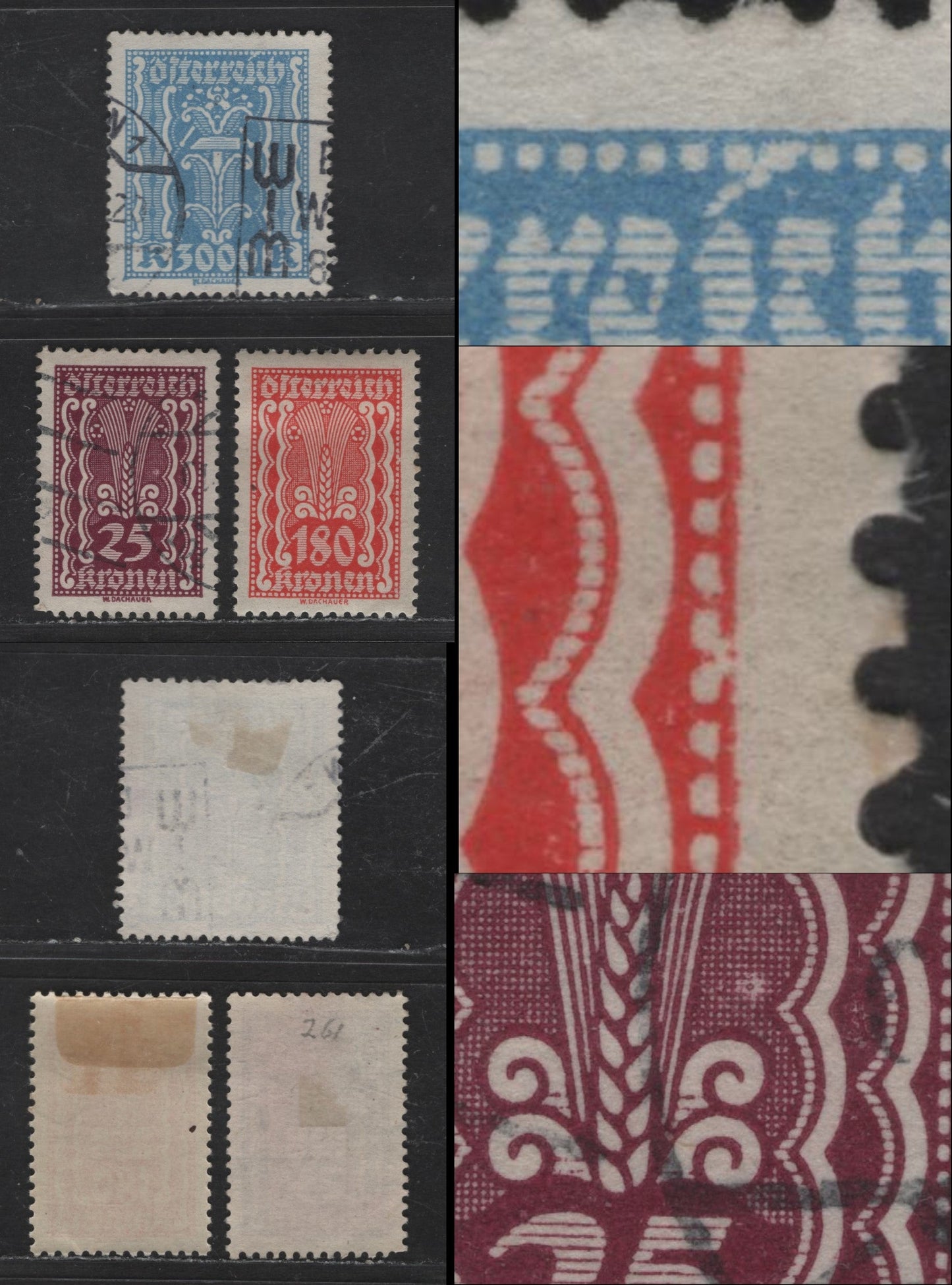 Austria SC#261var, 272var, 286var 25k, 180k & 3000k Claret, Red & Light Blue Symbols of Agriculture - Labour & Industry, 1922-1924 Agriculture - Labor & Industry Issues, 3 VFOG & Used Singles, Unlisted Flaws