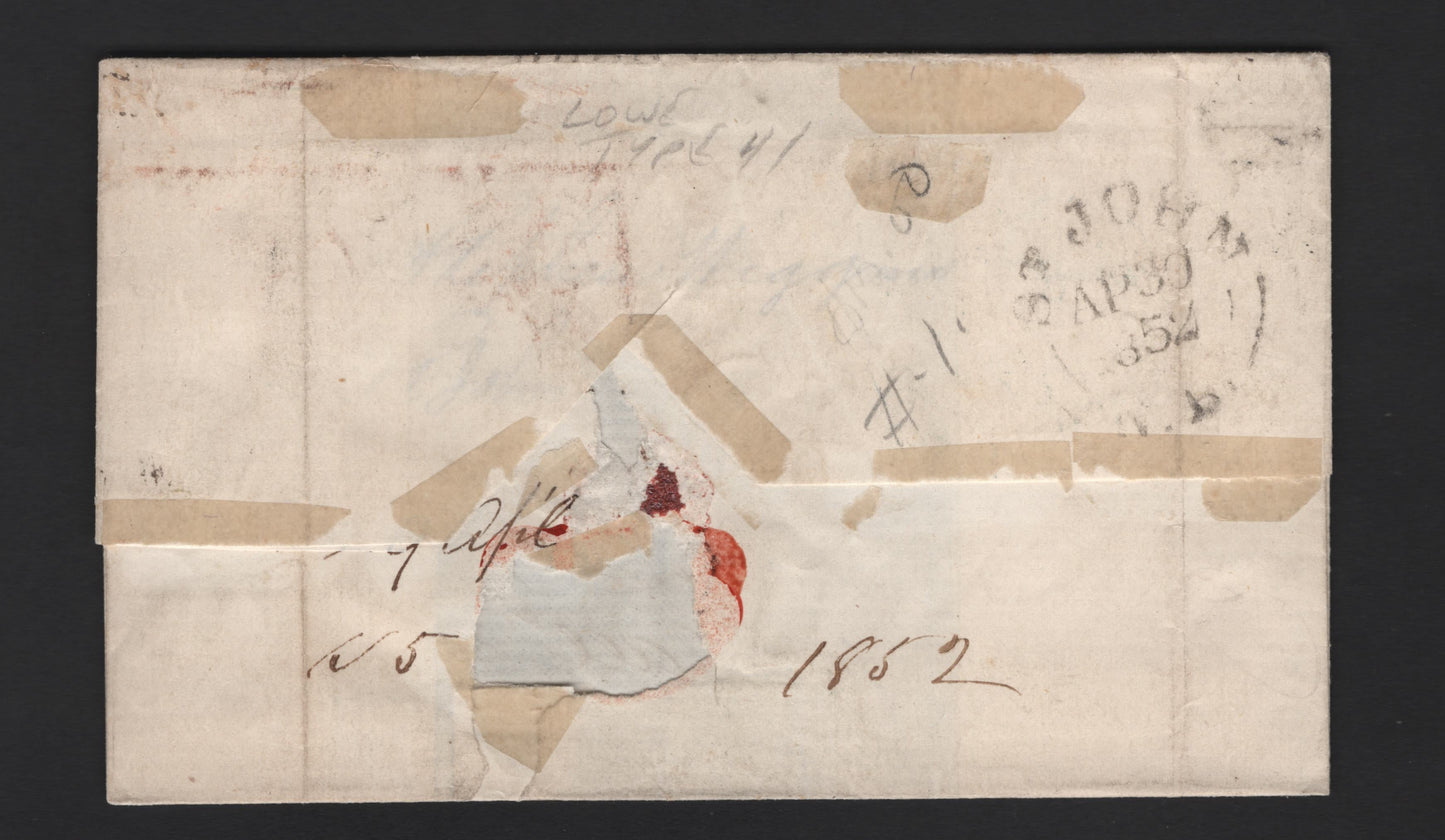 Lot 292 (C) New Brunswick #1 3d Red Crown & Heraldic Flowers, 1851-1860 Pence Issue, A Fine Cover Franked With 2 Good-VG Singles, Sent From Saint John To NY, Clear Strike Of Blue VR CDS, Listed In Jarett As Cancel Type #261, Scarce