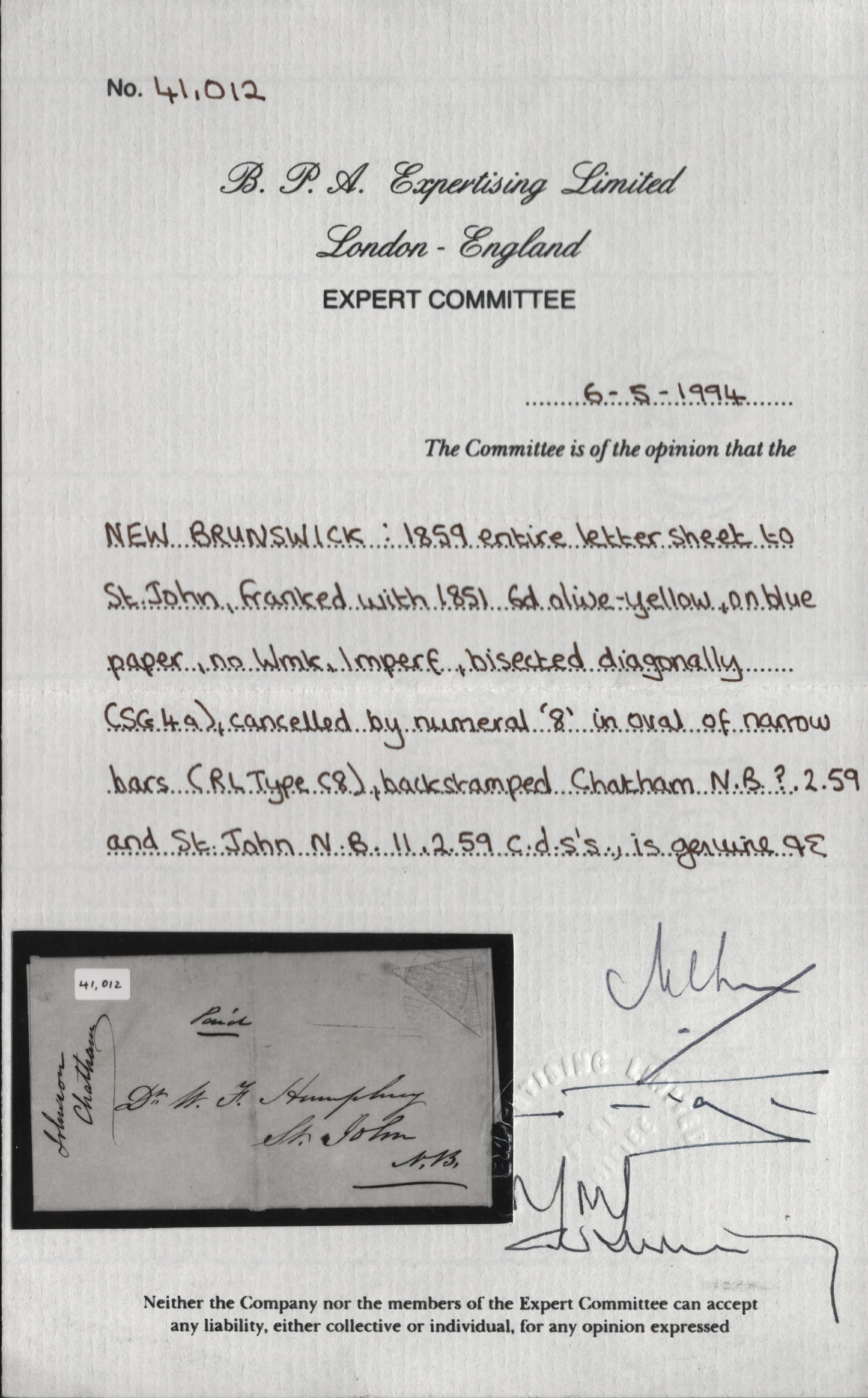 Lot 317 (C) New Brunswick #2bvar 6d Mustard Yellow Crown & Heraldic Flowers, Pence Issue, A Fine Cover Franked With Bisected Single, Tied By Faint #8 Chatham Grid Cancel, One Of Two Known, This Is The Earliest, From February 1859, 1994 BPA Certificate