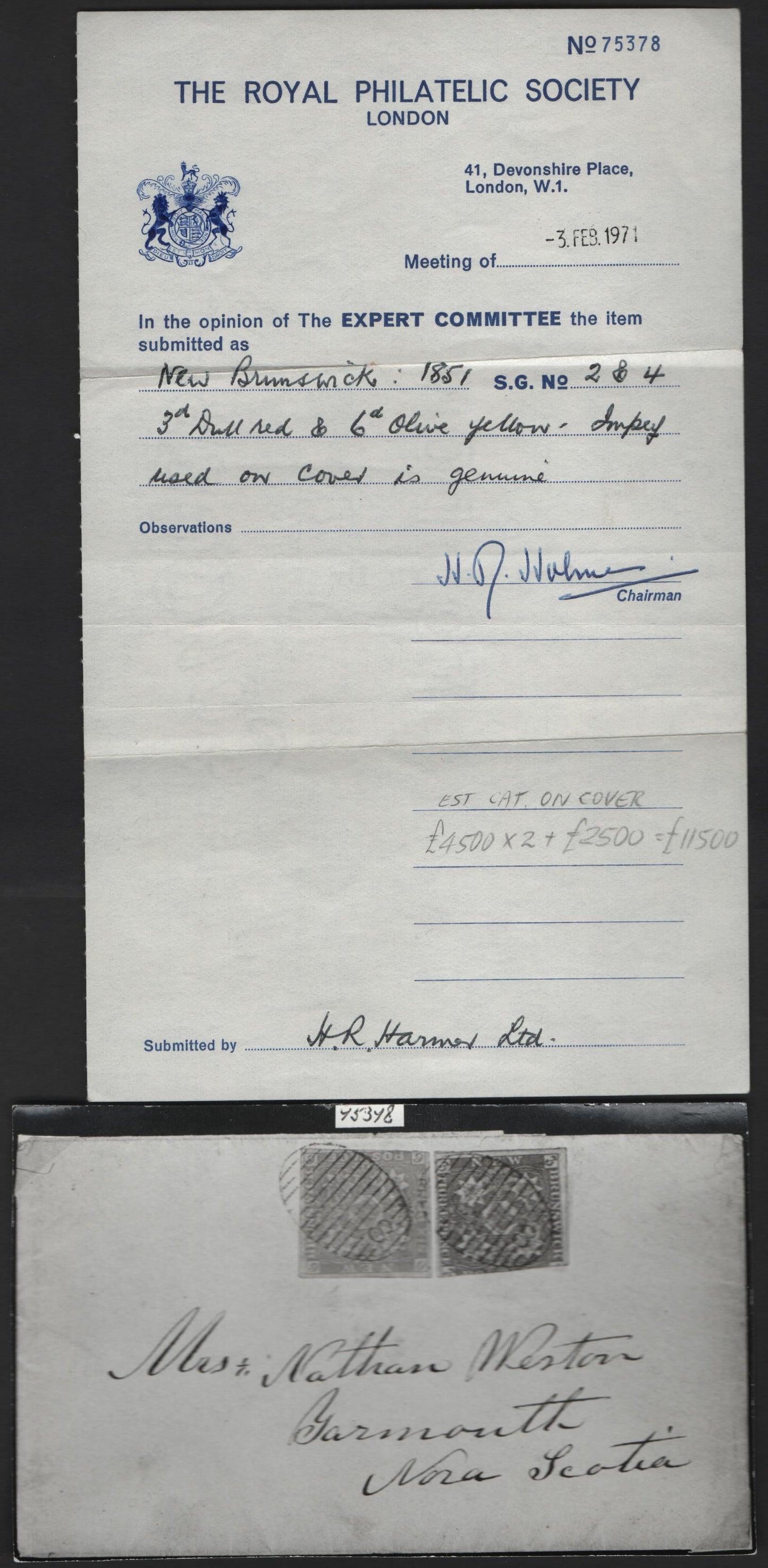 Lot 308 (C) New Brunswick #1, 2d 3d, 6d Red & Mustard Yellow Crown & Heraldic Flowers, Pence Issue, A Fine Cover Franked With Singles Paying 9d Triple Letter Rate, One Of Only 4 Known, Multiple Backstamps, Sent From Chatham To Yarmouth, NS, 1971 RPS Cert.