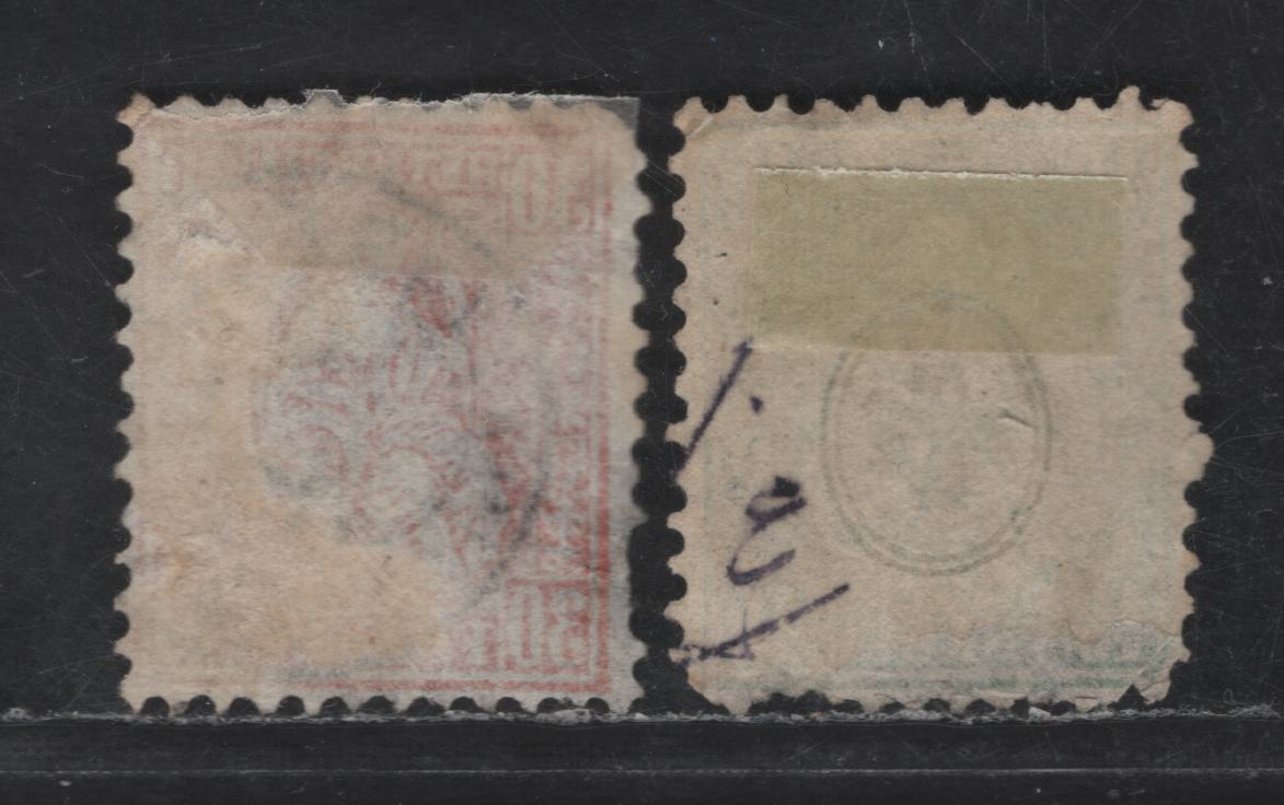 Switzerland SC#46-47 30c - 40c Vermillion - Green Helvetia, 1862-1864 Helvetia Issue, 2 Ungraded Used Singles, Wmk 182, Perf 11.5, White Wove Paper, Significant Thins & Clipped/Short Perfs