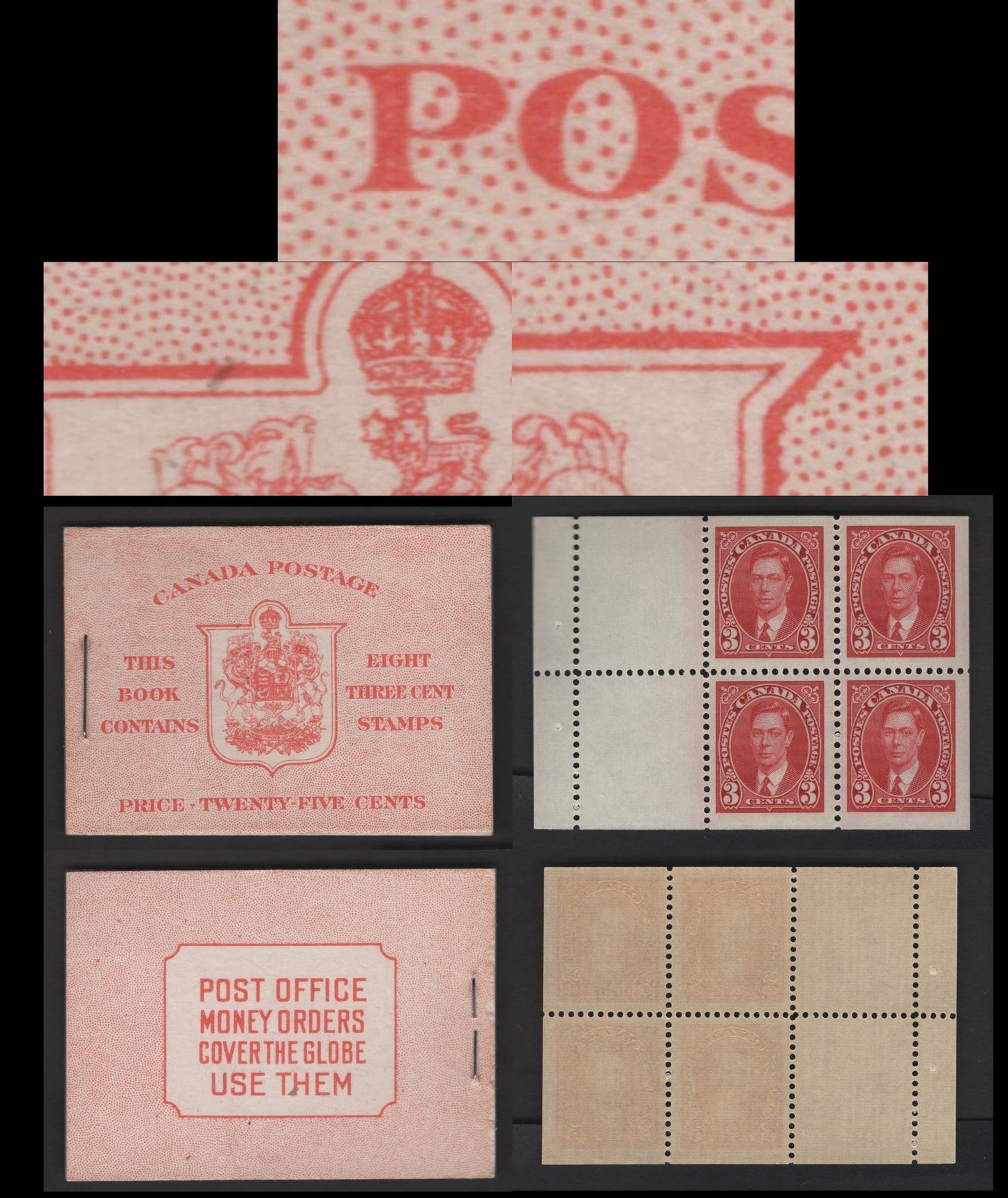 Canada #BK30cE 3c Carmine King George VI & Arms, 1937-1942 Mufti & Pictorial Issue, A VFNH Complete 25c Booklet As Lot 428, But Showing Two Breaks Of Inner Frameline Of Shield At Upper Corners, Likely A Constant Variety